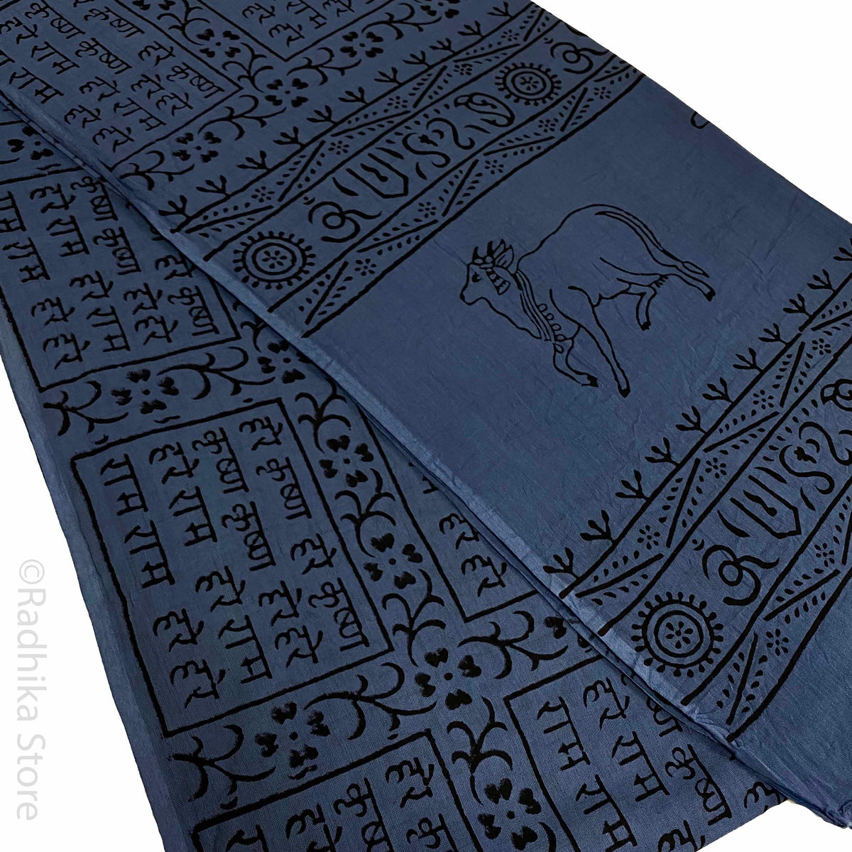 Dark Krishna Blue-  Maha Mantra Chadar - With Vrindavan Cows
