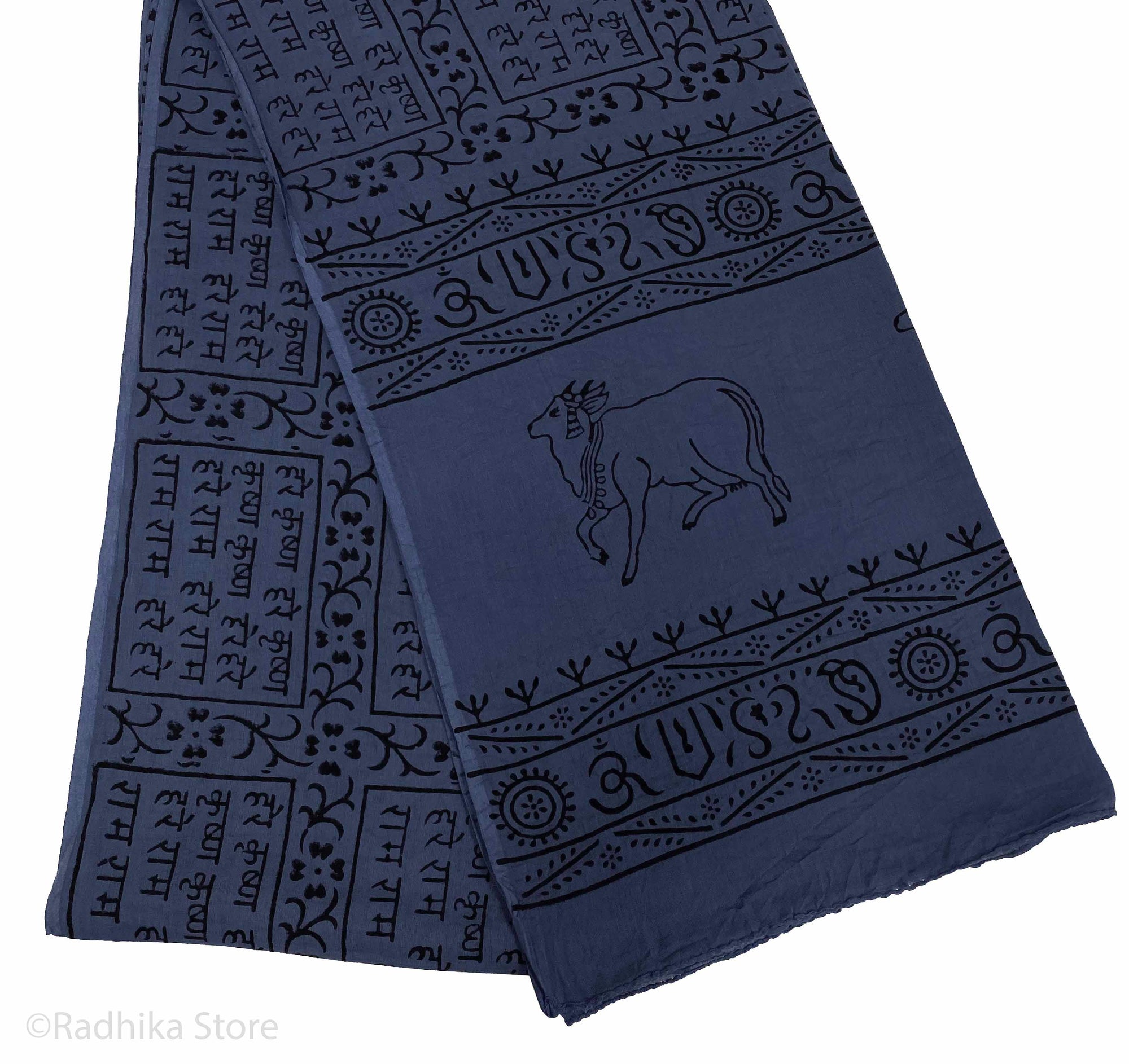 Dark Krishna Blue-  Maha Mantra Chadar - With Vrindavan Cows