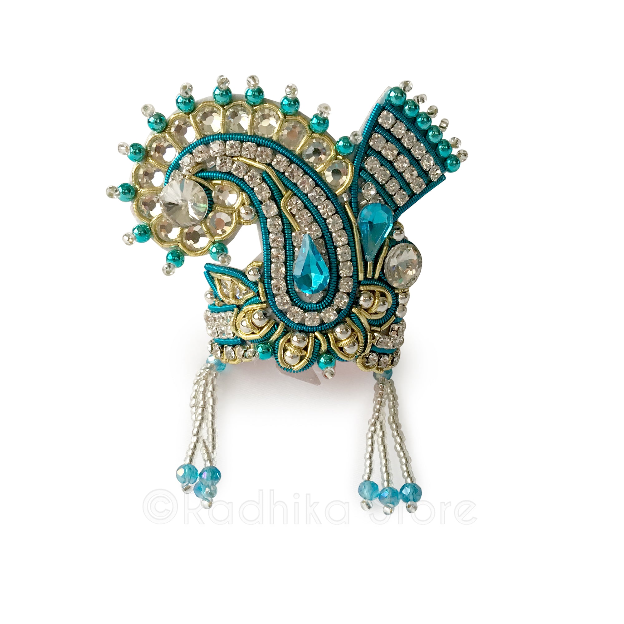 Teal Blue - Crystal Silver and Gold - Chandrika Fan Crown
