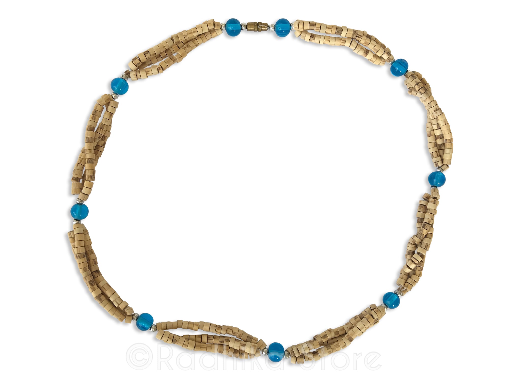 Triple Strand Natural Cut Tulsi Neck Beads -With Blue Glass Bead