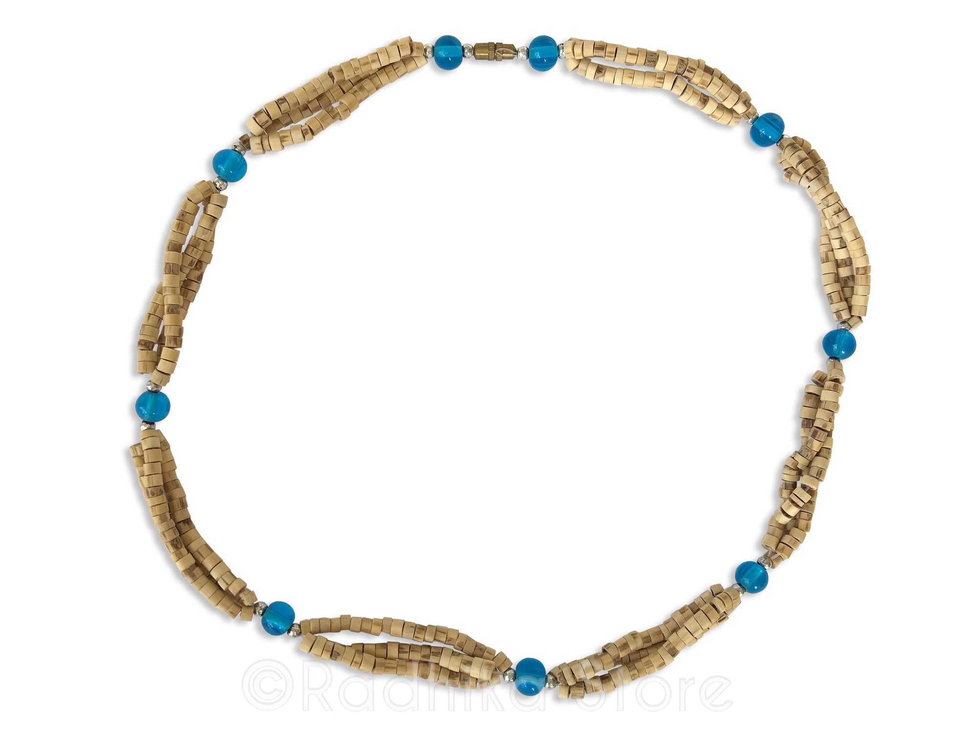 Triple Strand Natural Cut Tulsi Neck Beads -With Blue Glass Bead