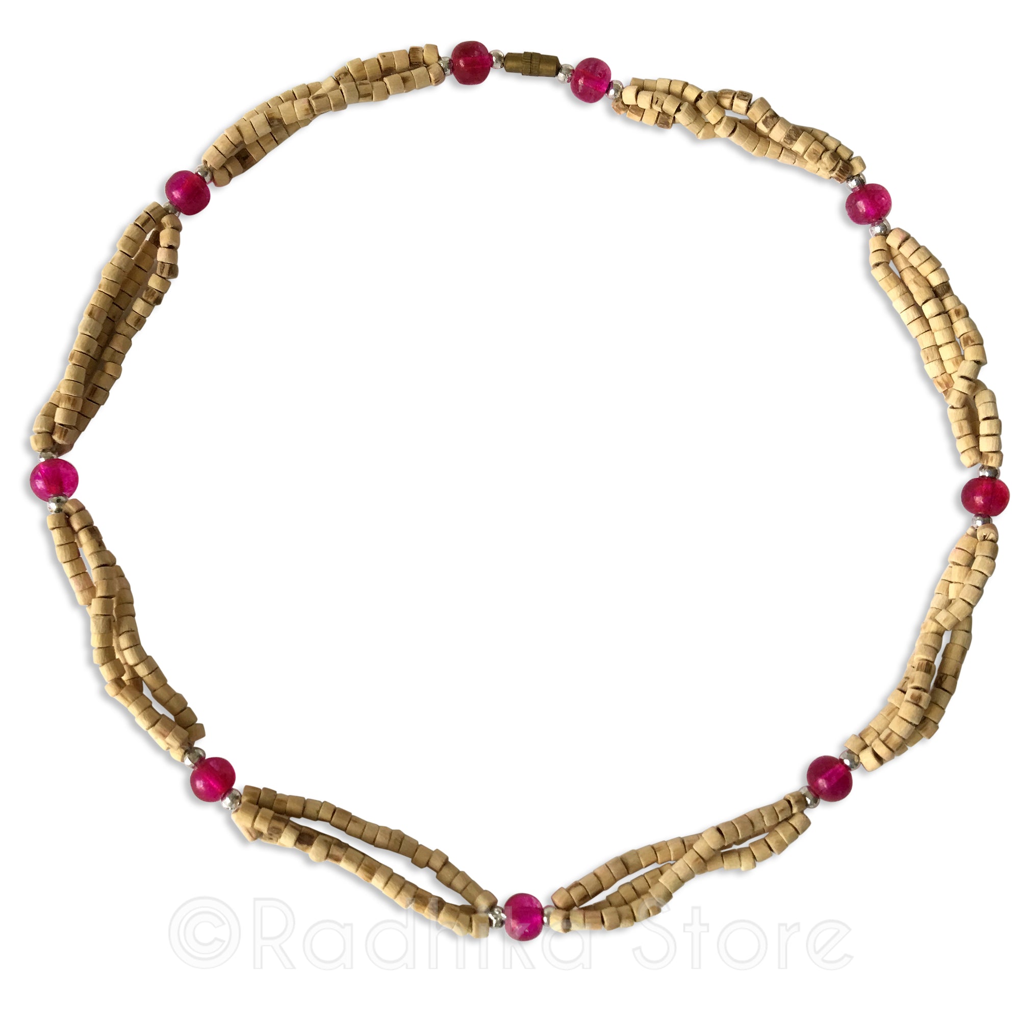 Triple Strand Natural Cut Tulsi Neck Beads -With Pink Glass Bead