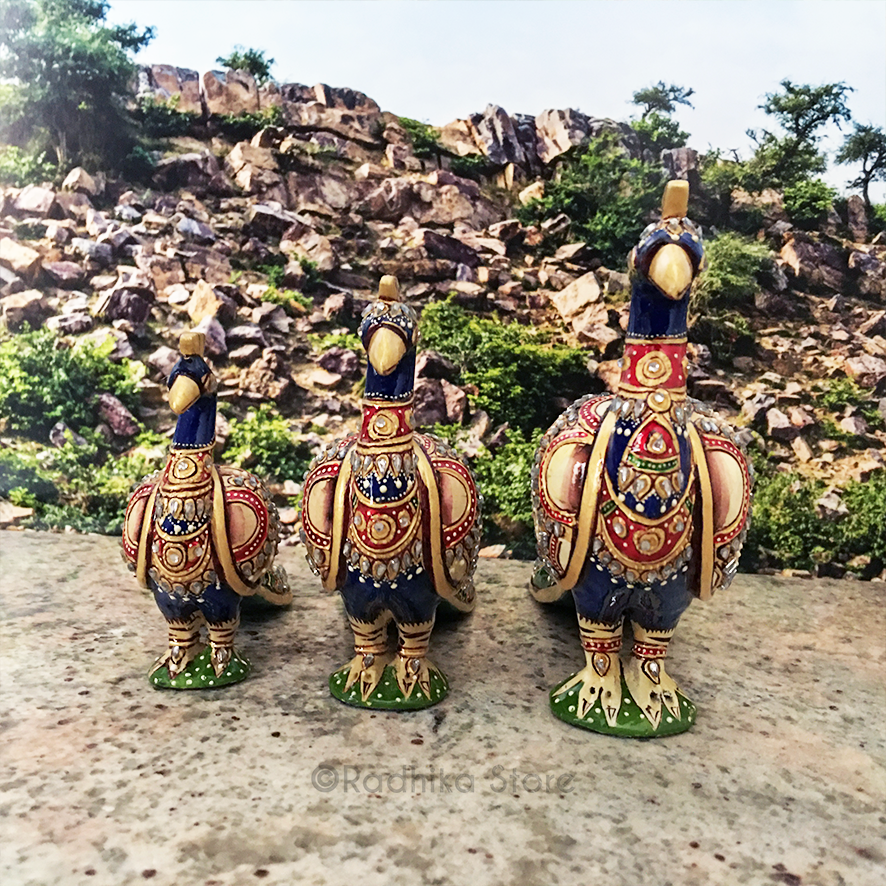 Majestic Jeweled Govardhana Peacocks - Hand Painted Wood - Choose From Three Sizes