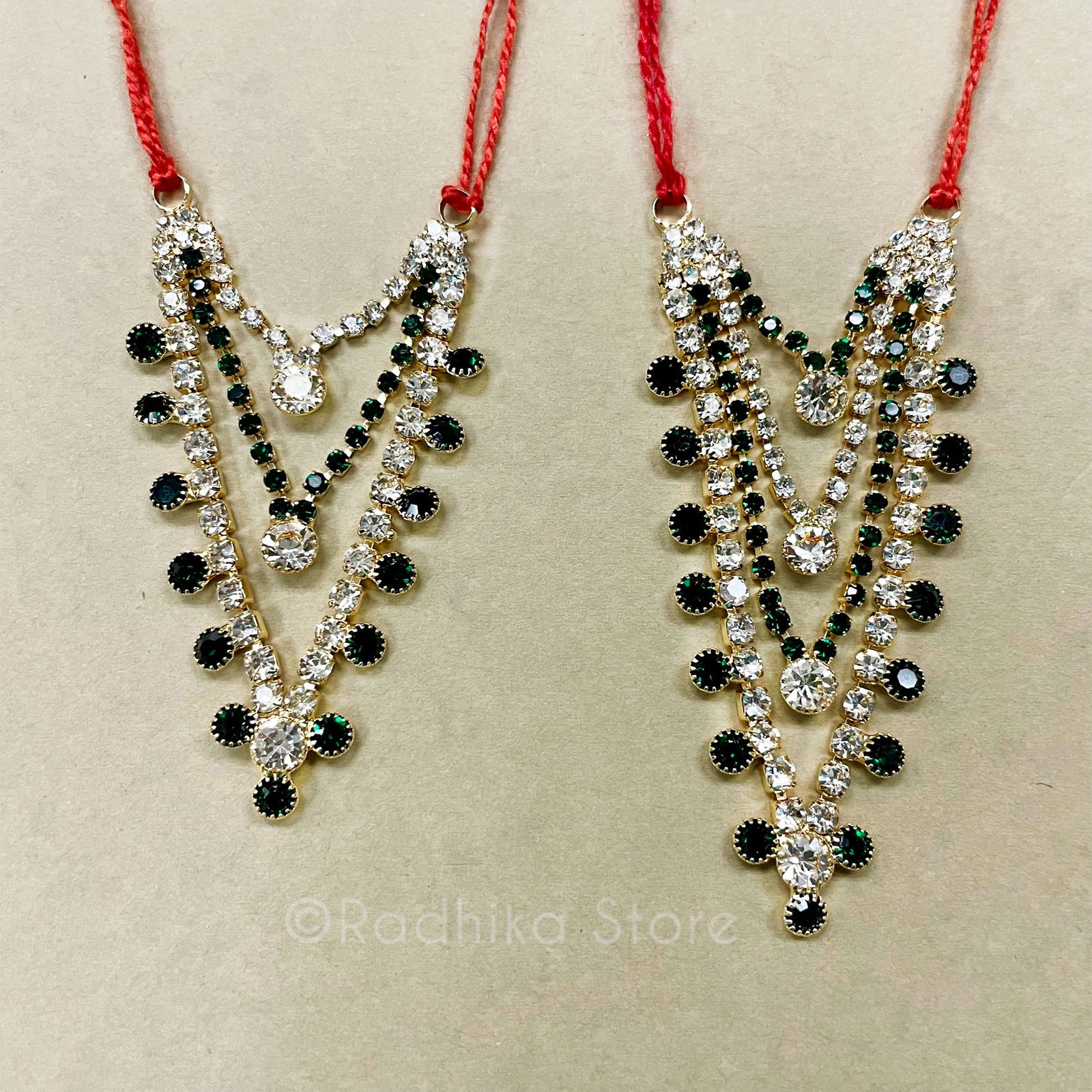 Krishna Dots - Emerald Green And Diamond - Multi Strand - Rhinestone Deity Necklace