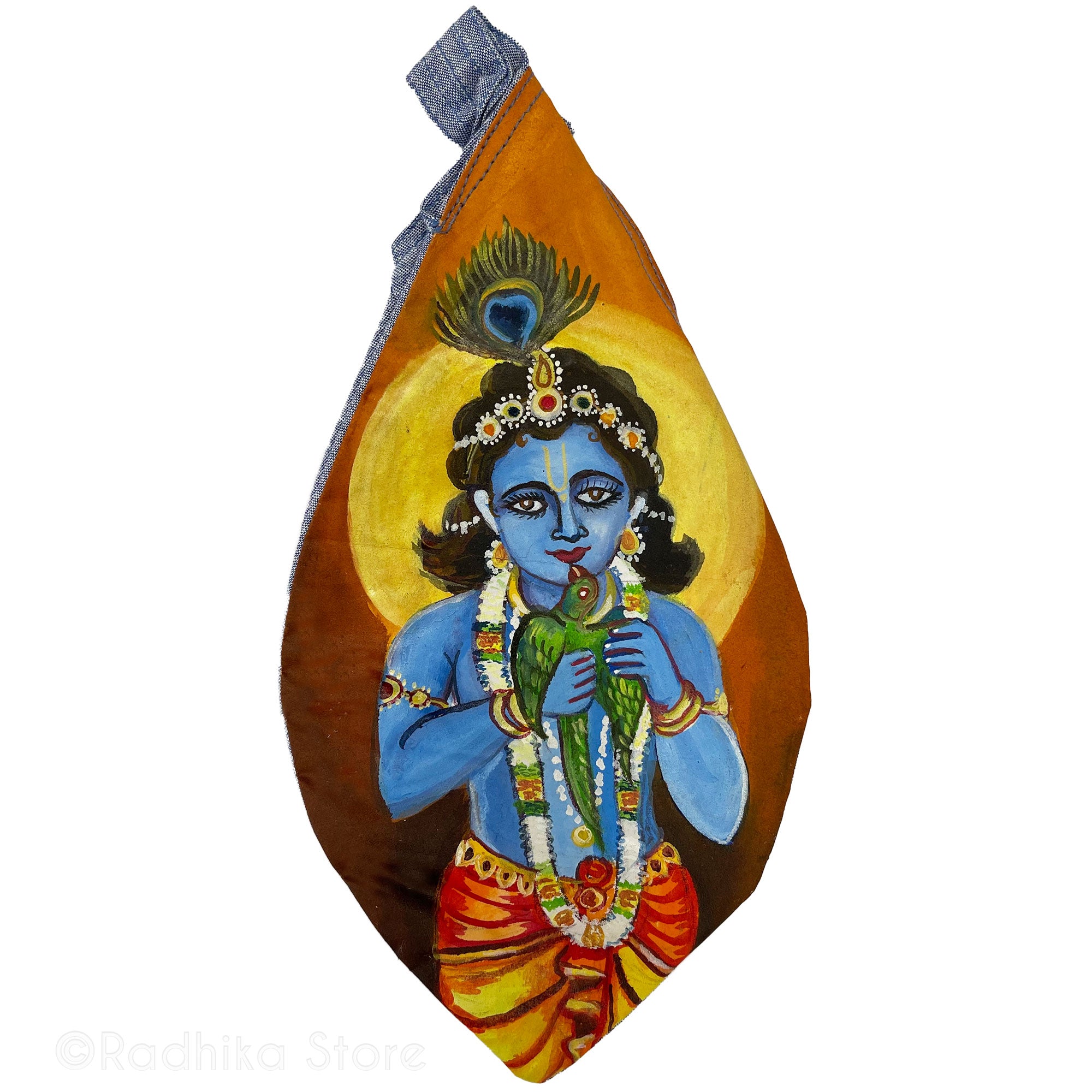 Gopal Krishna With His Parrot - Hand Painted  Jute - Bead Bag- Choose Bag