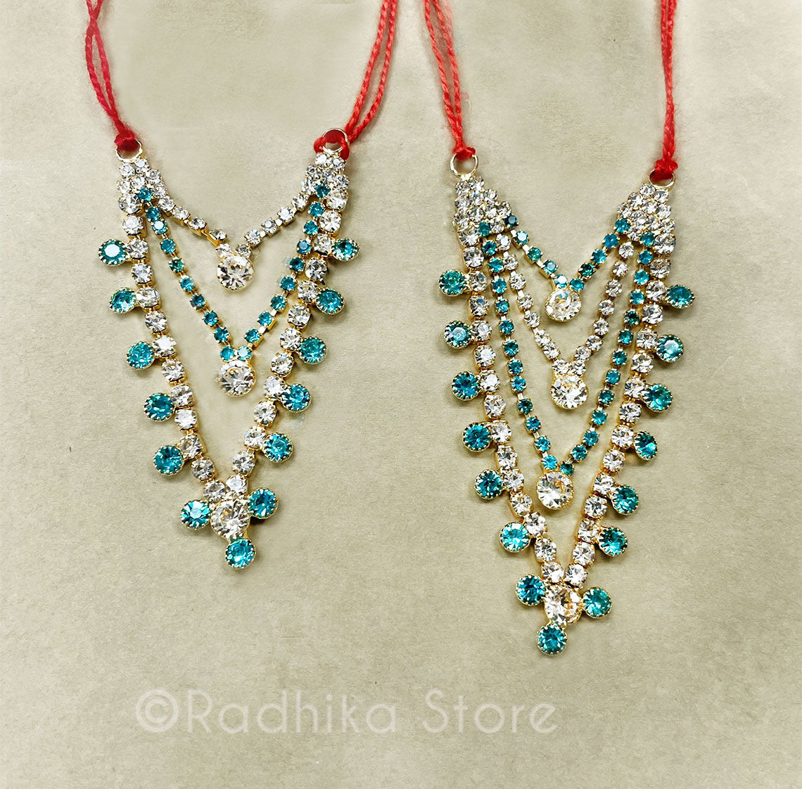 Krishna Dots - Teal and Diamond  - Multi Strand - Rhinestone Deity Necklace