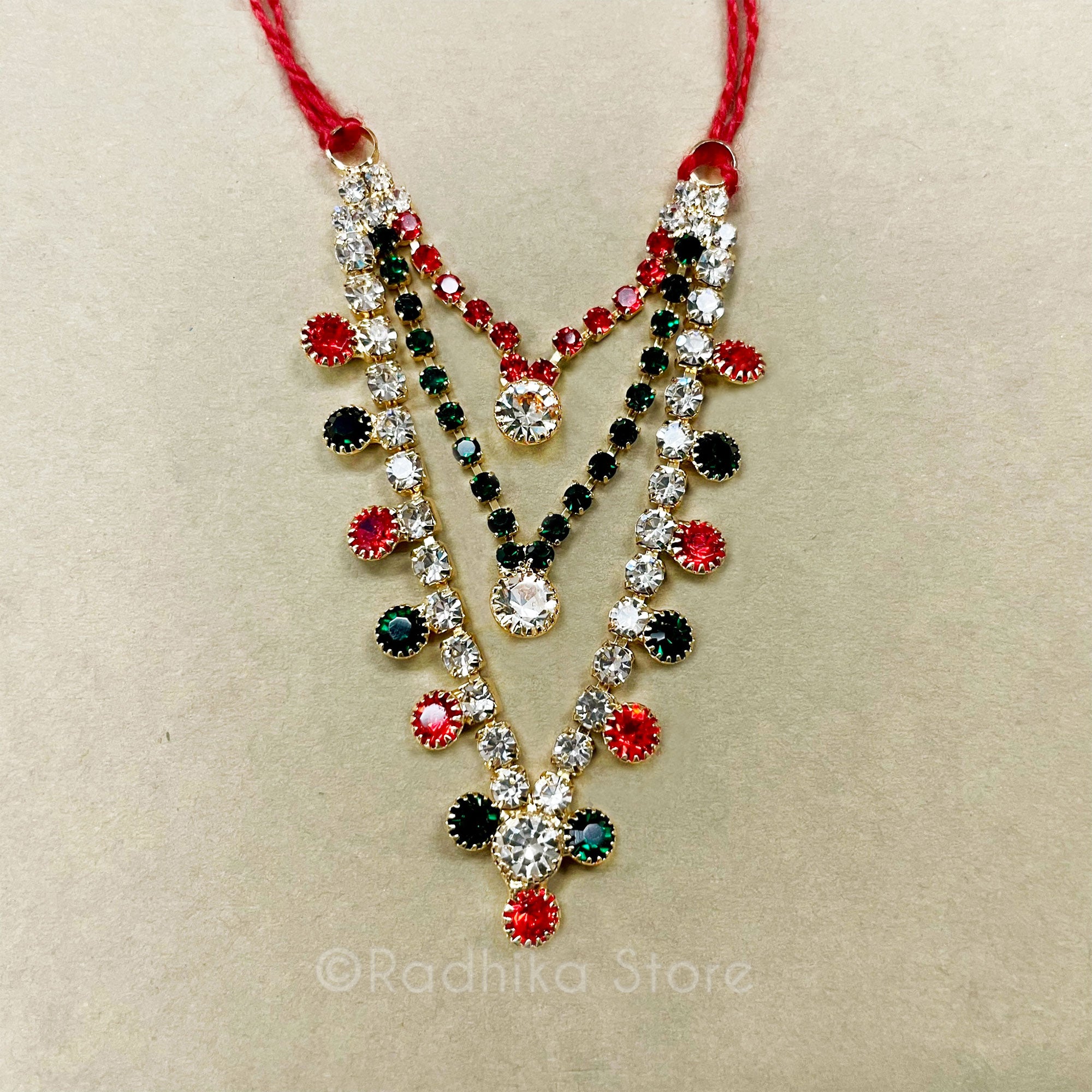 Krishna Dots - Ruby Emerald Diamond  - Multi Strand - Rhinestone Deity Necklace