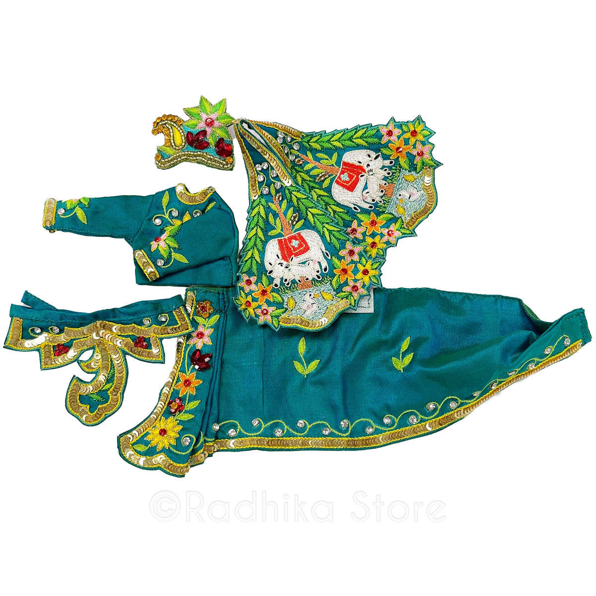Govardhan Surabhi Cow - Silk - Teal Green - Radha Krishna Deity Outfit