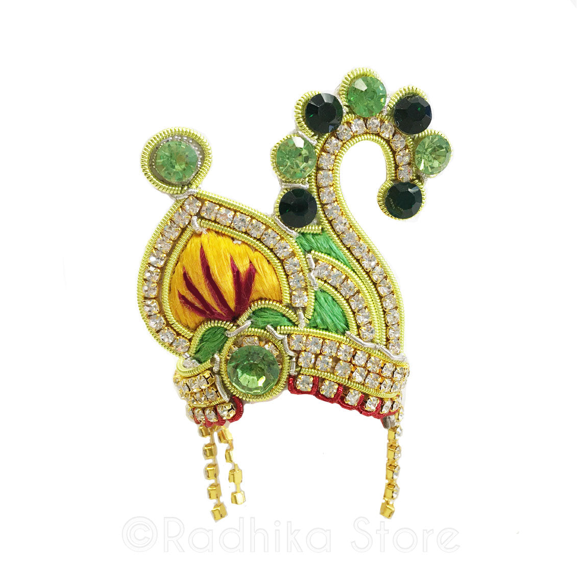 Kusham Sarovara Swan Crown and Necklace Set- Green and Marigold Colors