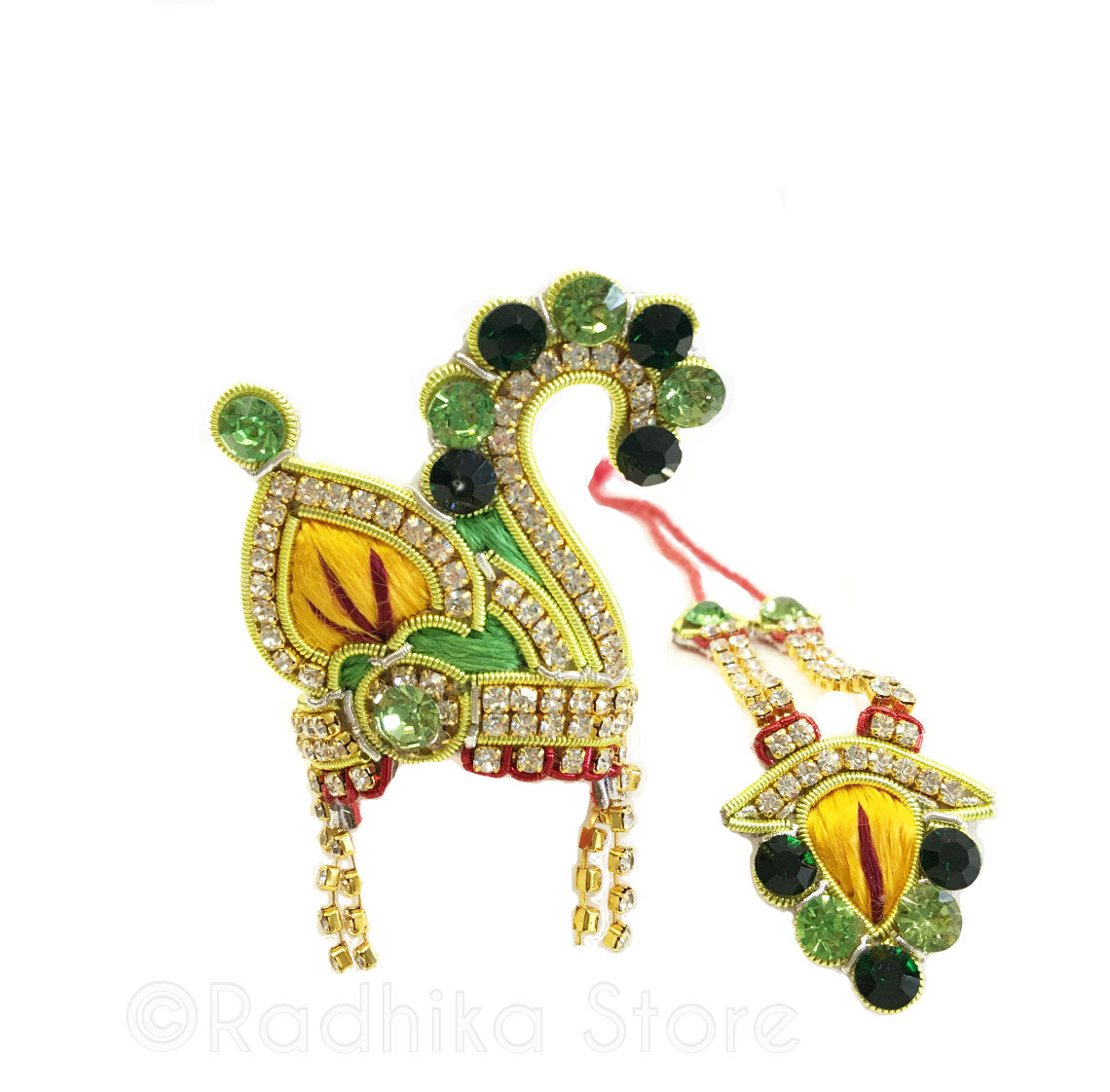 Kusham Sarovara Swan Crown and Necklace Set- Green and Marigold Colors