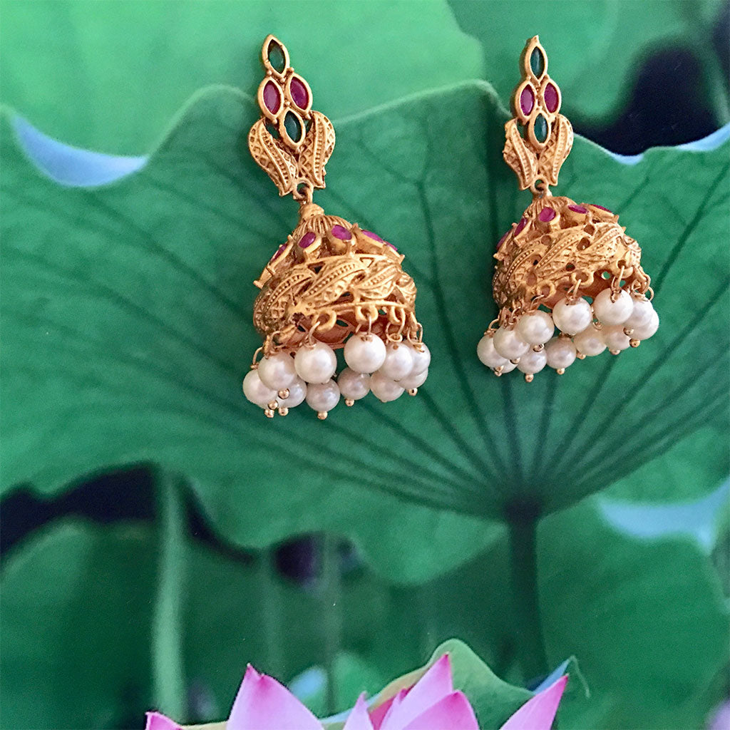 Emerald Ruby Leaf- Bell Earrings