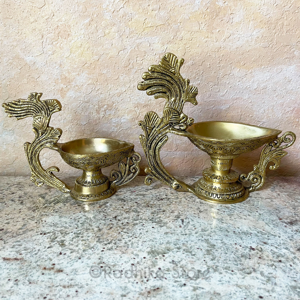 Flaming Peacock Feather Design - Brass Ghee Lamp - Large Bowl - Choose (Diya) -5.5&quot; or 7.5 Inches Tall