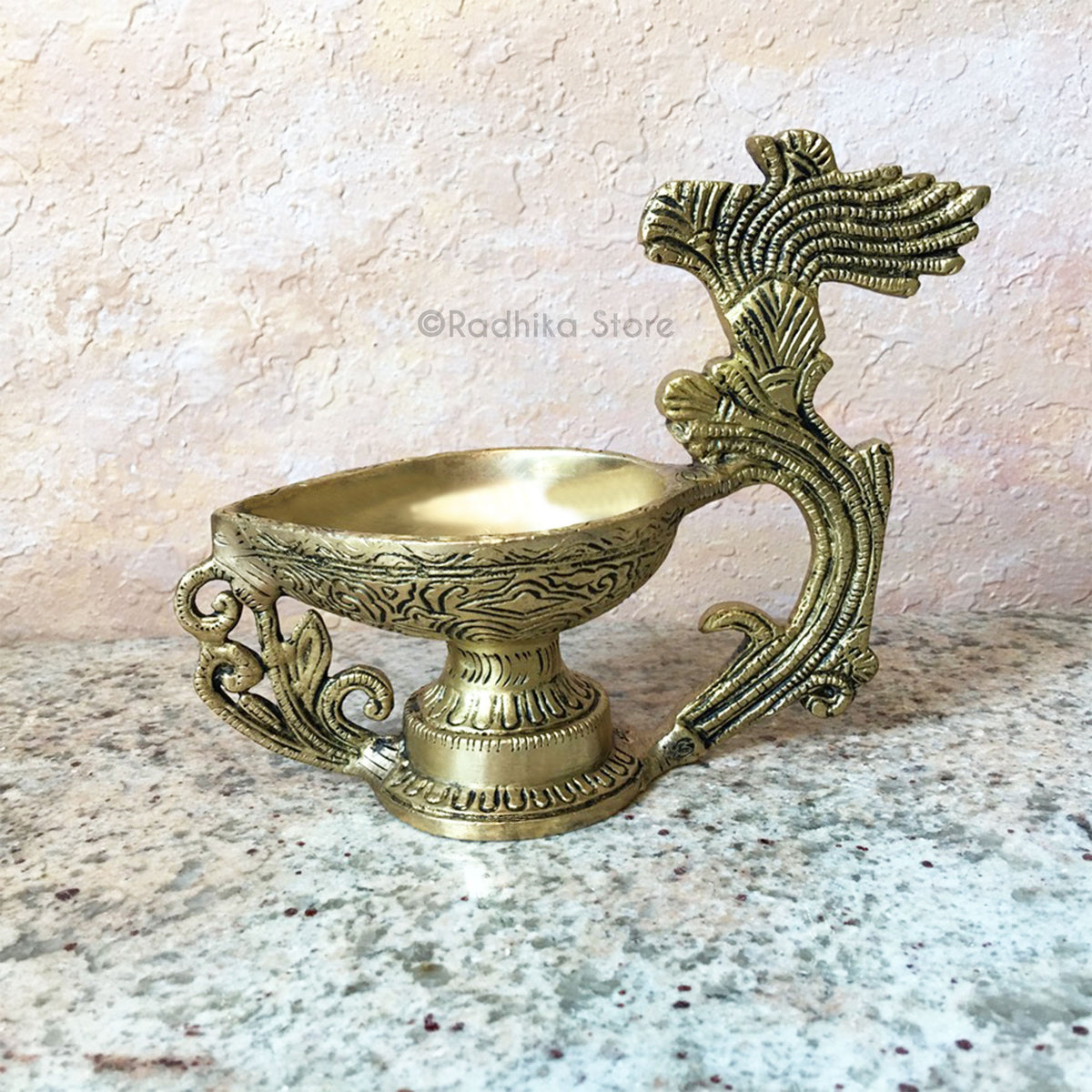 Flaming Peacock Feather Design - Brass Ghee Lamp - Large Bowl - Choose (Diya) -5.5&quot; or 7.5 Inches Tall