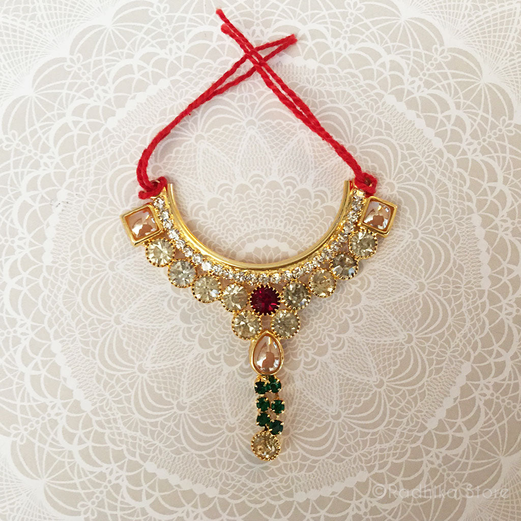 Golden Peal With Diamond Ruby and Emerald Rhinestone Pendant - Deity Necklace