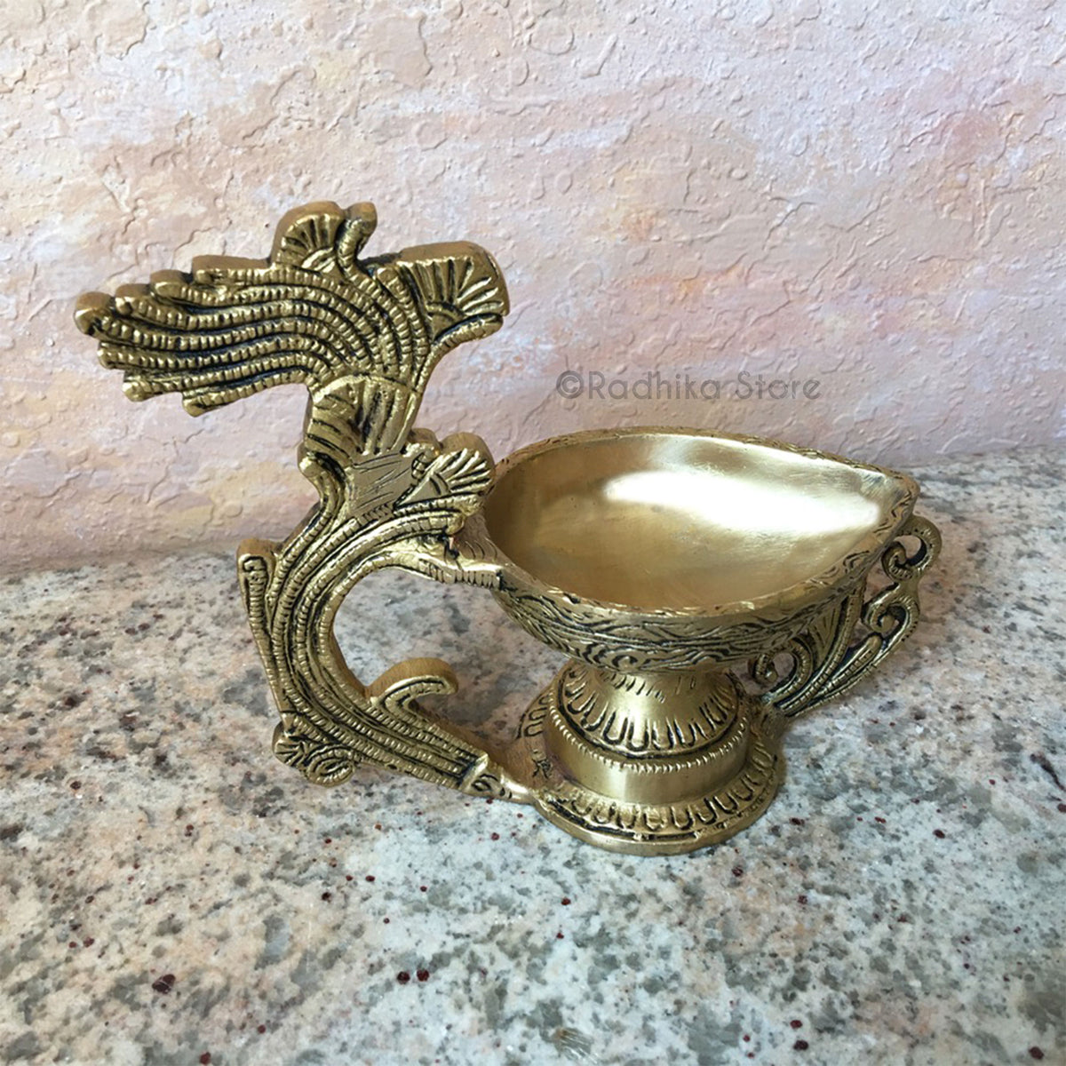Flaming Peacock Feather Design - Brass Ghee Lamp - Large Bowl - Choose (Diya) -5.5&quot; or 7.5 Inches Tall