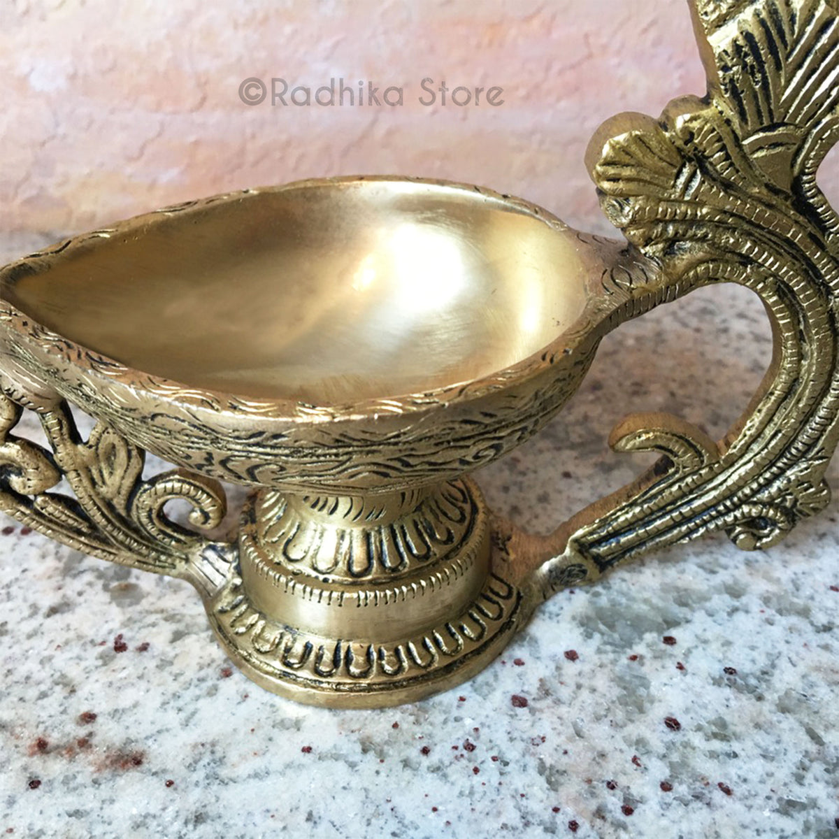 Flaming Peacock Feather Design - Brass Ghee Lamp - Large Bowl - Choose (Diya) -5.5&quot; or 7.5 Inches Tall