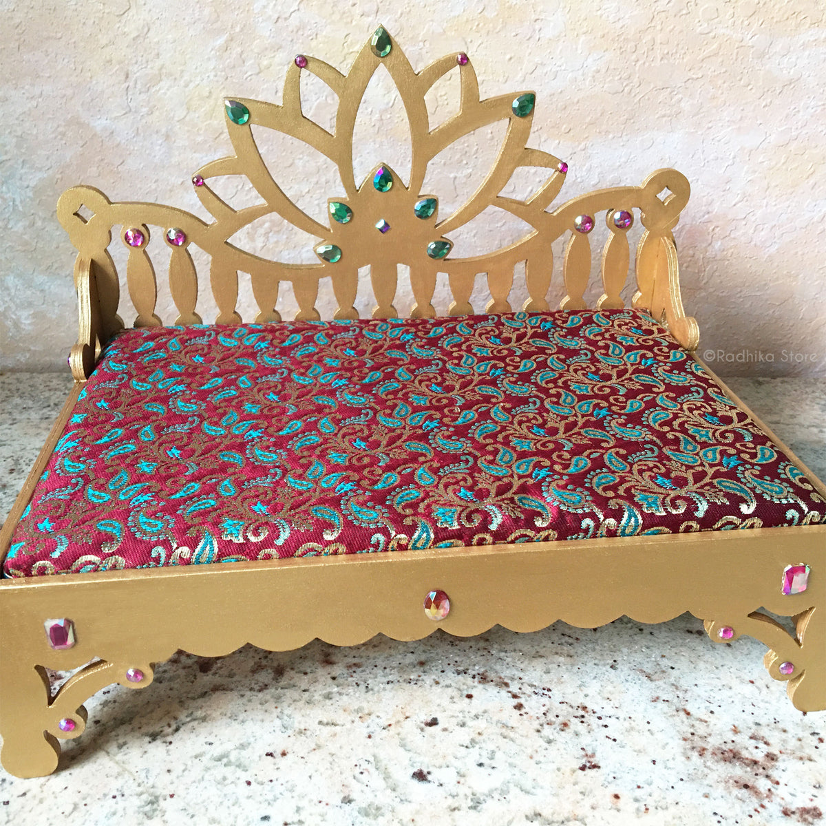 Lotus Flower Jeweled Golden Throne/Bed- Teal and Maroon - 9.5&quot; Long