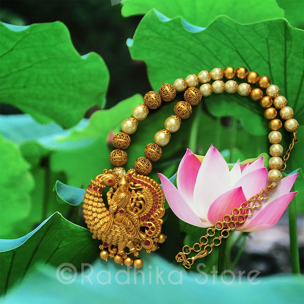 Sri Lakshmi Riding Peacock - Pink - Necklace