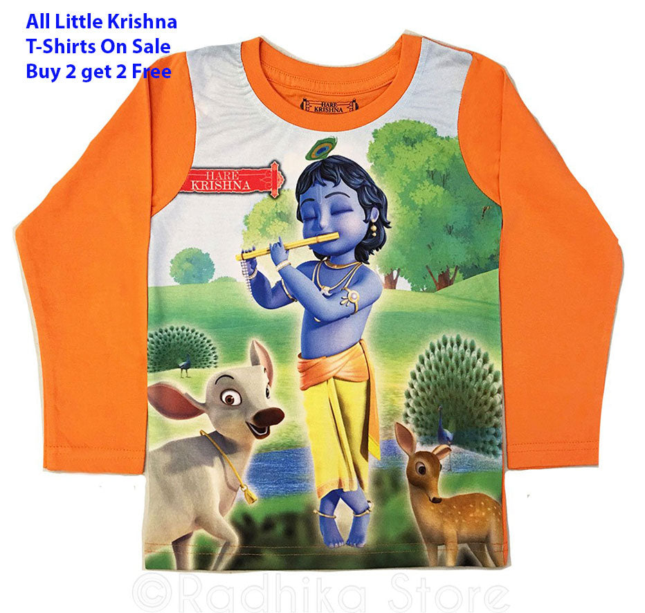 Little Krishna With Animal Friends Long Sleeve - Orange- Choose Size-2 to 8 Years
