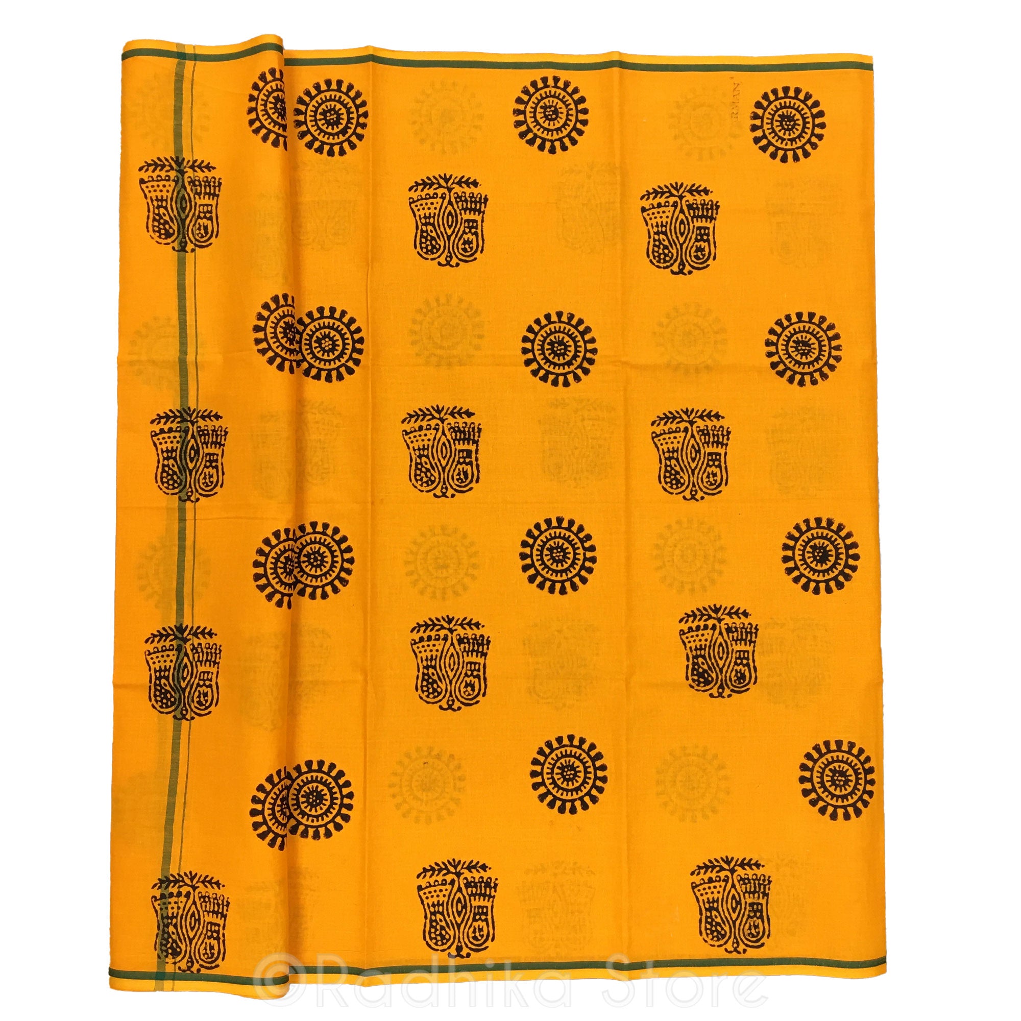 Marigold Orange Block Print Chadar - With Lotus Feet And Chakras