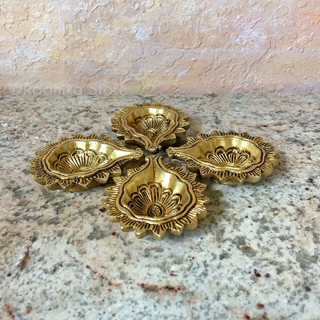 Festival Flower Petal Flower - Brass Ghee Lamp Diya - 3&quot;inches Long