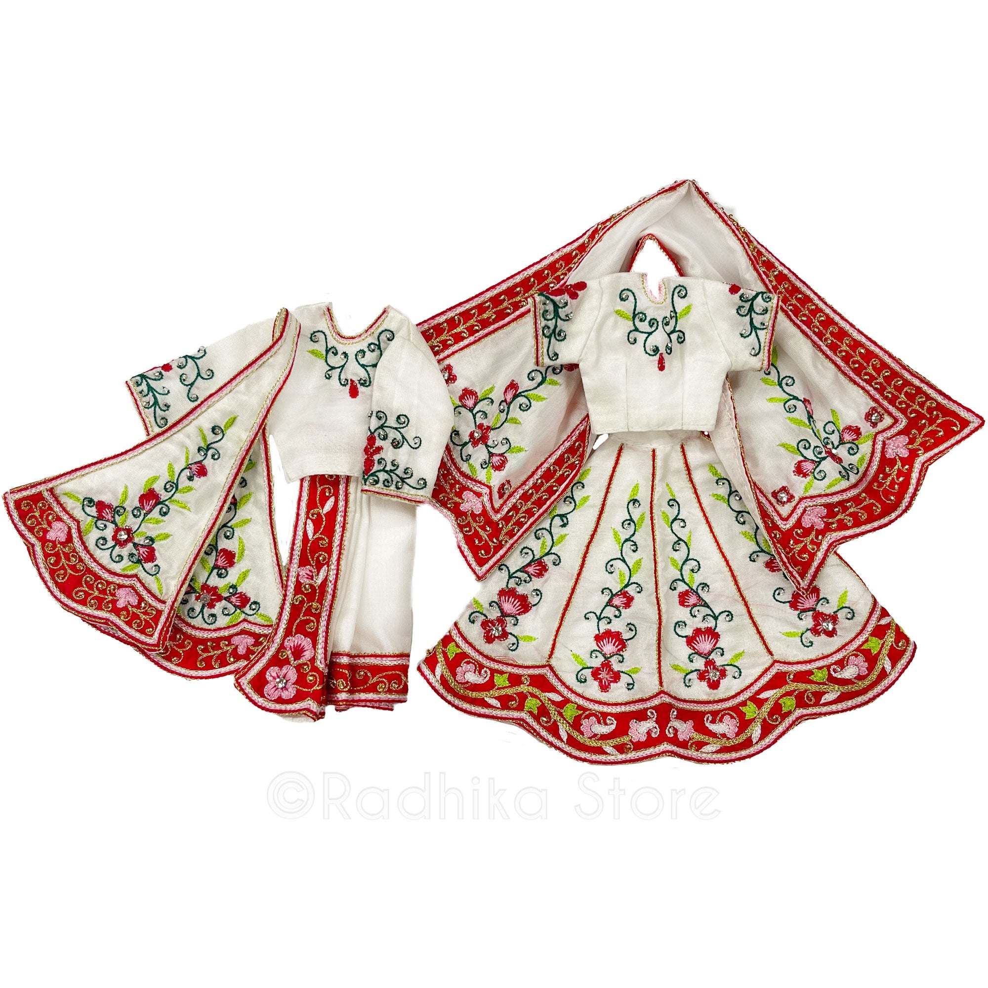 Madhuram Sweetness -  All Silk - White With Red Pink and Greens - Radha Krishna Deity Outfit