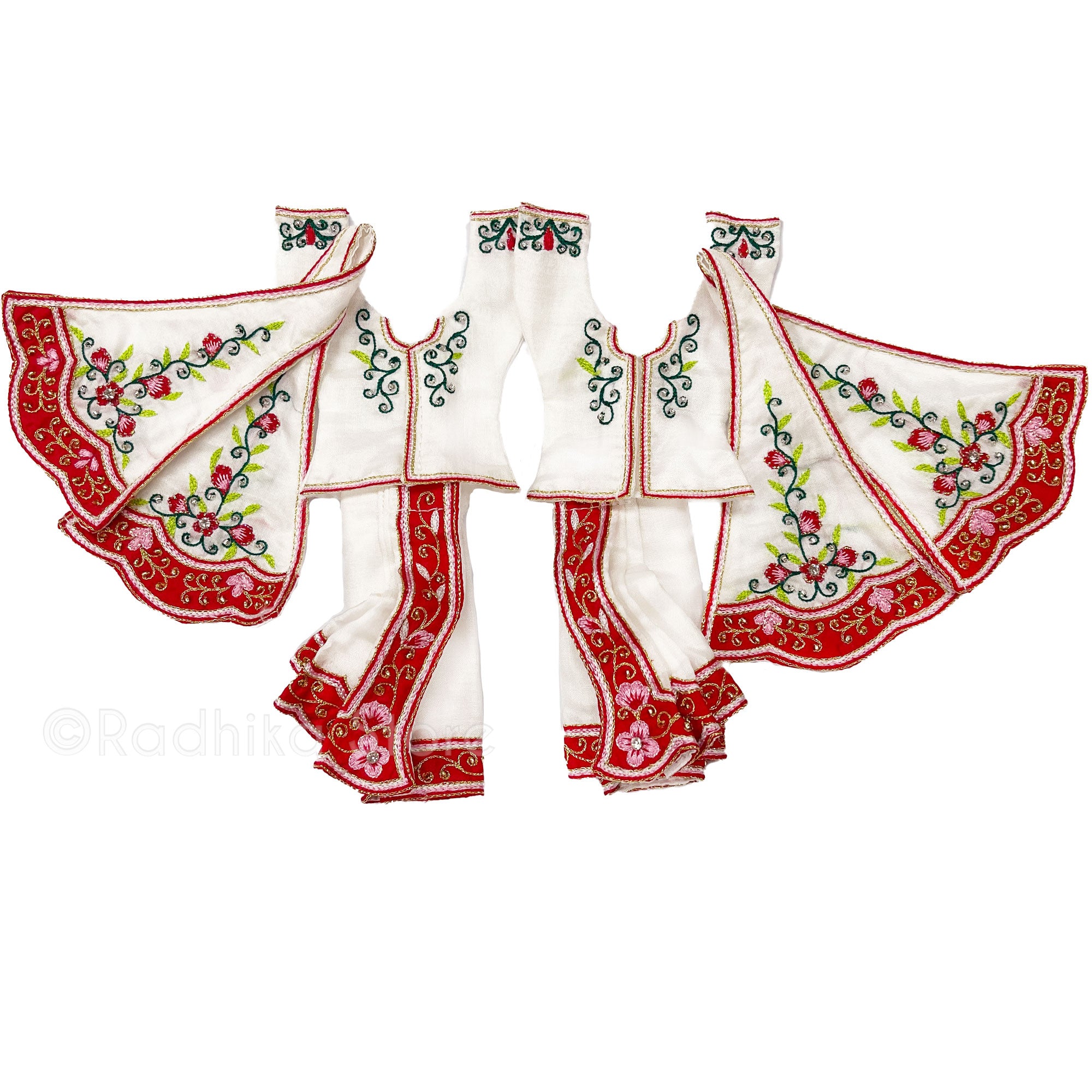 Madhuram - All Silk -White with Red-Pink-Green and Gold - Gaura Nitai Deity Outfit