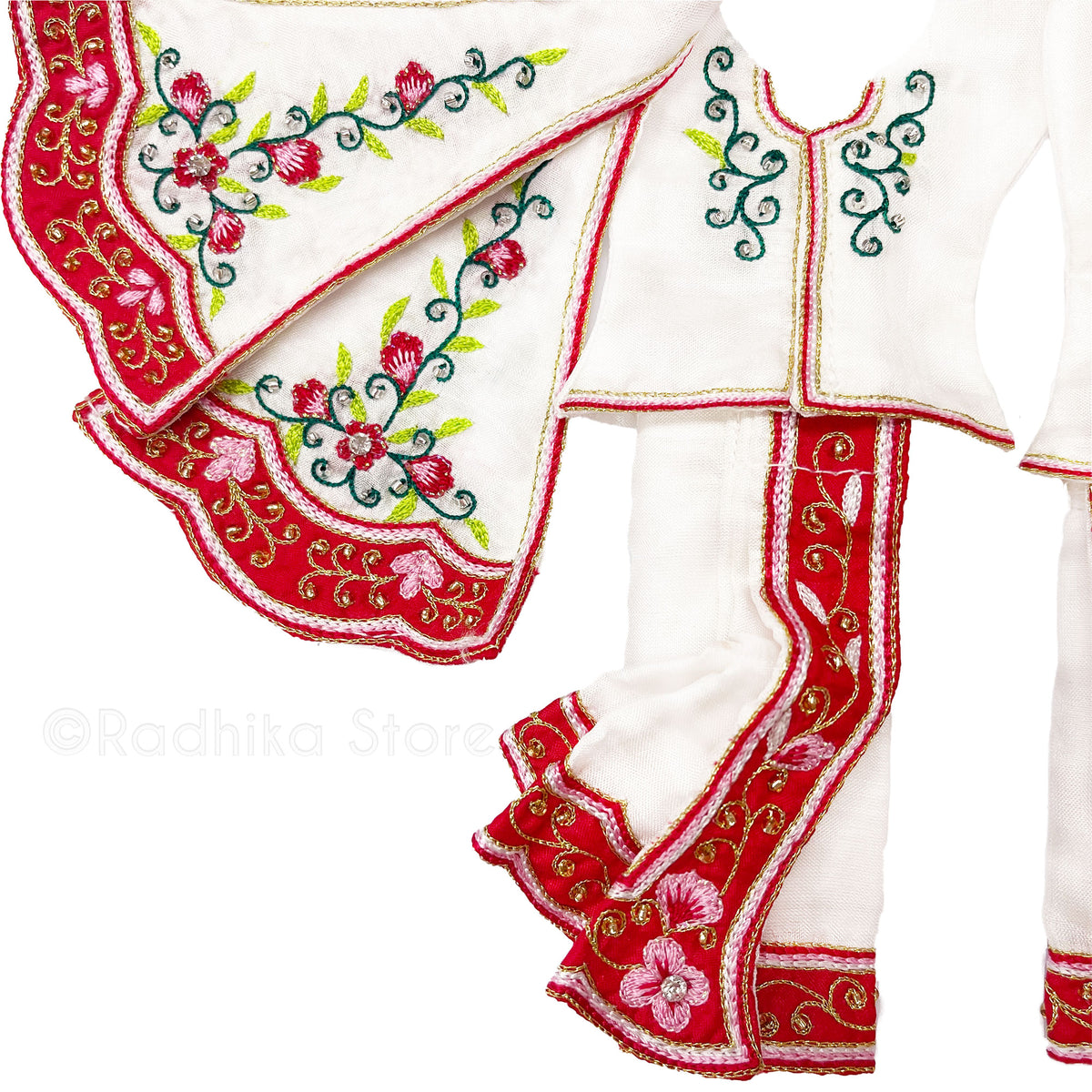 Madhuram - All Silk -White with Red-Pink-Green and Gold - Gaura Nitai Deity Outfit