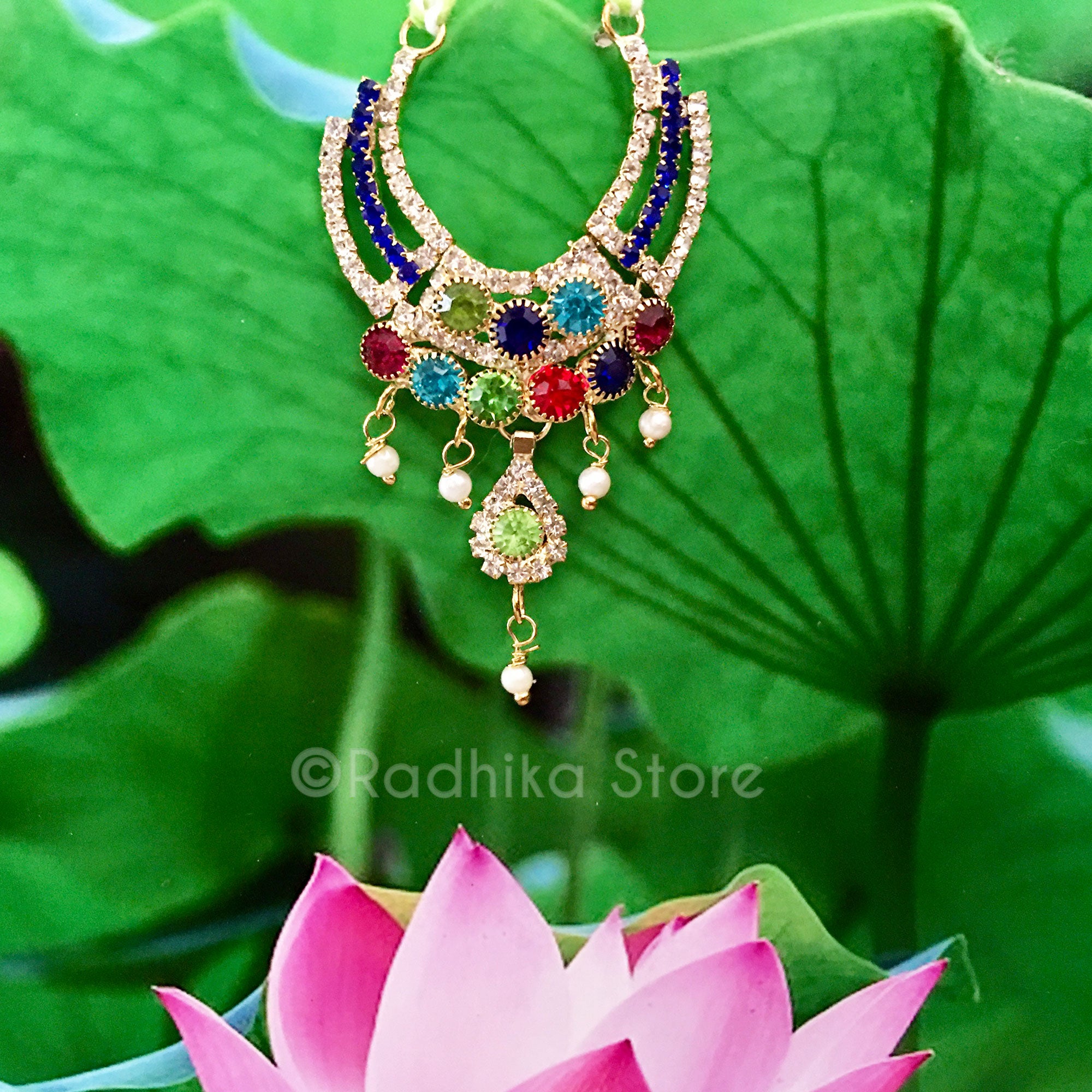 Multi Color Crystal Collar Deity Necklace With Teardrop and Pearls