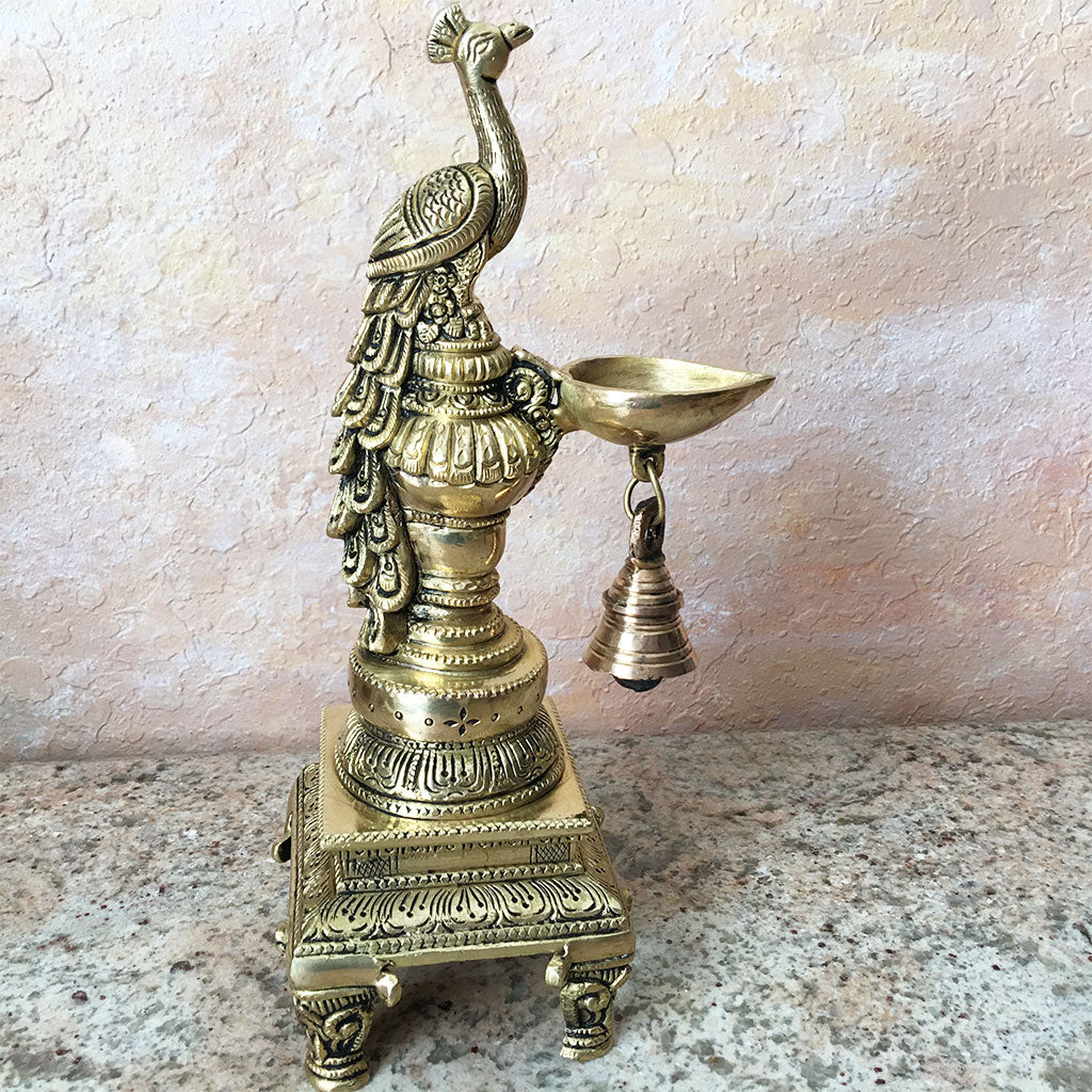 Majestic Vrindavan Peacock Brass Ghee Lamp - on Pedestal With Bell 11" Inch