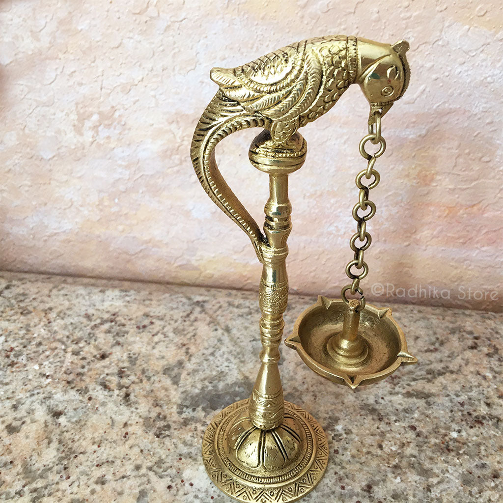 Parrot Hanging Ghee Lamp - (Diya) - Solid Brass- 8&quot; Inch