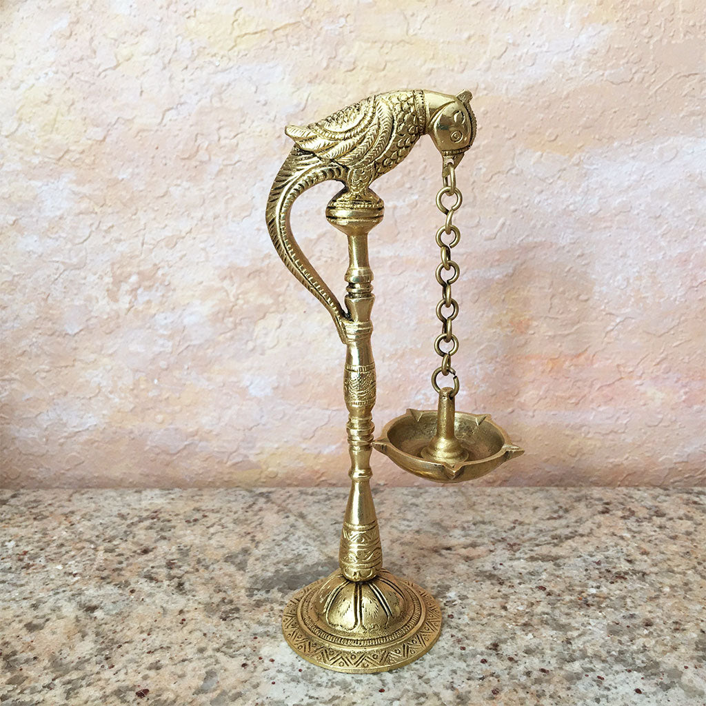 Parrot Hanging Ghee Lamp - (Diya) - Solid Brass- 8&quot; Inch