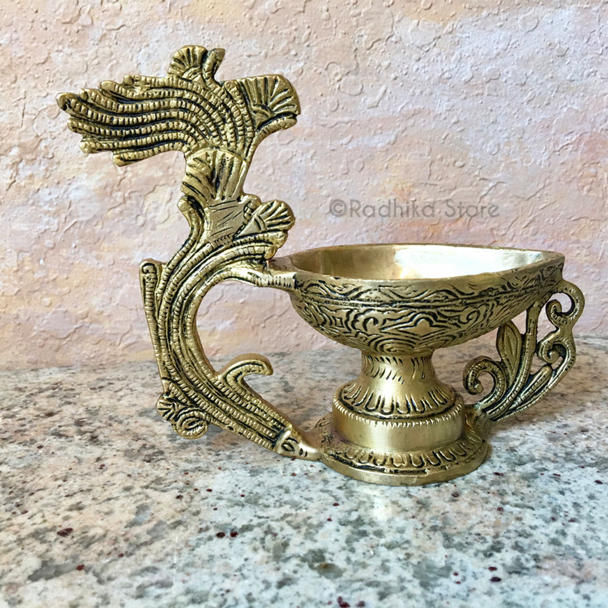 Flaming Peacock Feather Design - Brass Ghee Lamp - Large Bowl - Choose (Diya) -5.5&quot; or 7.5 Inches Tall