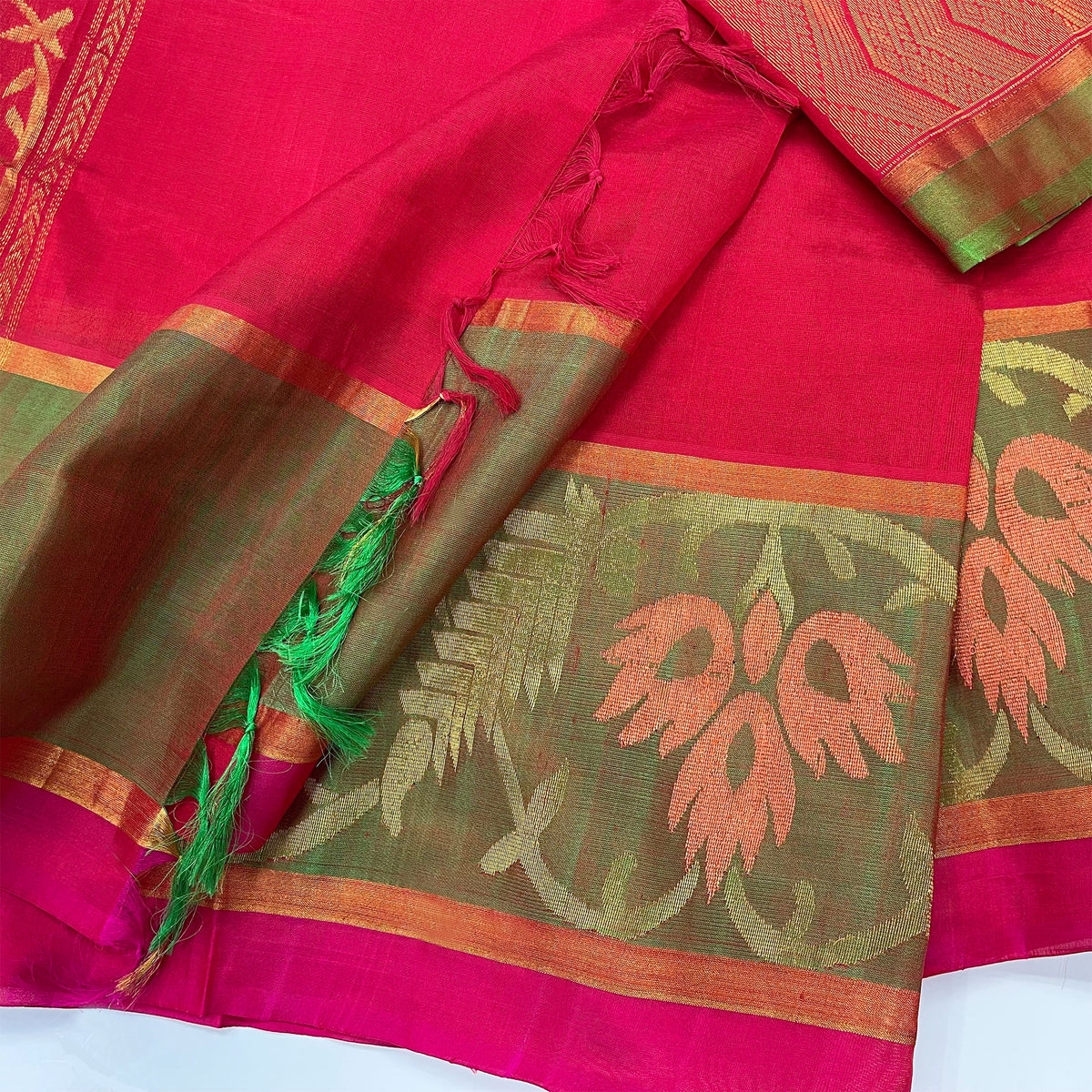 Divine Peacock Plumes - Reds and Greens  - Quality Silk Saree