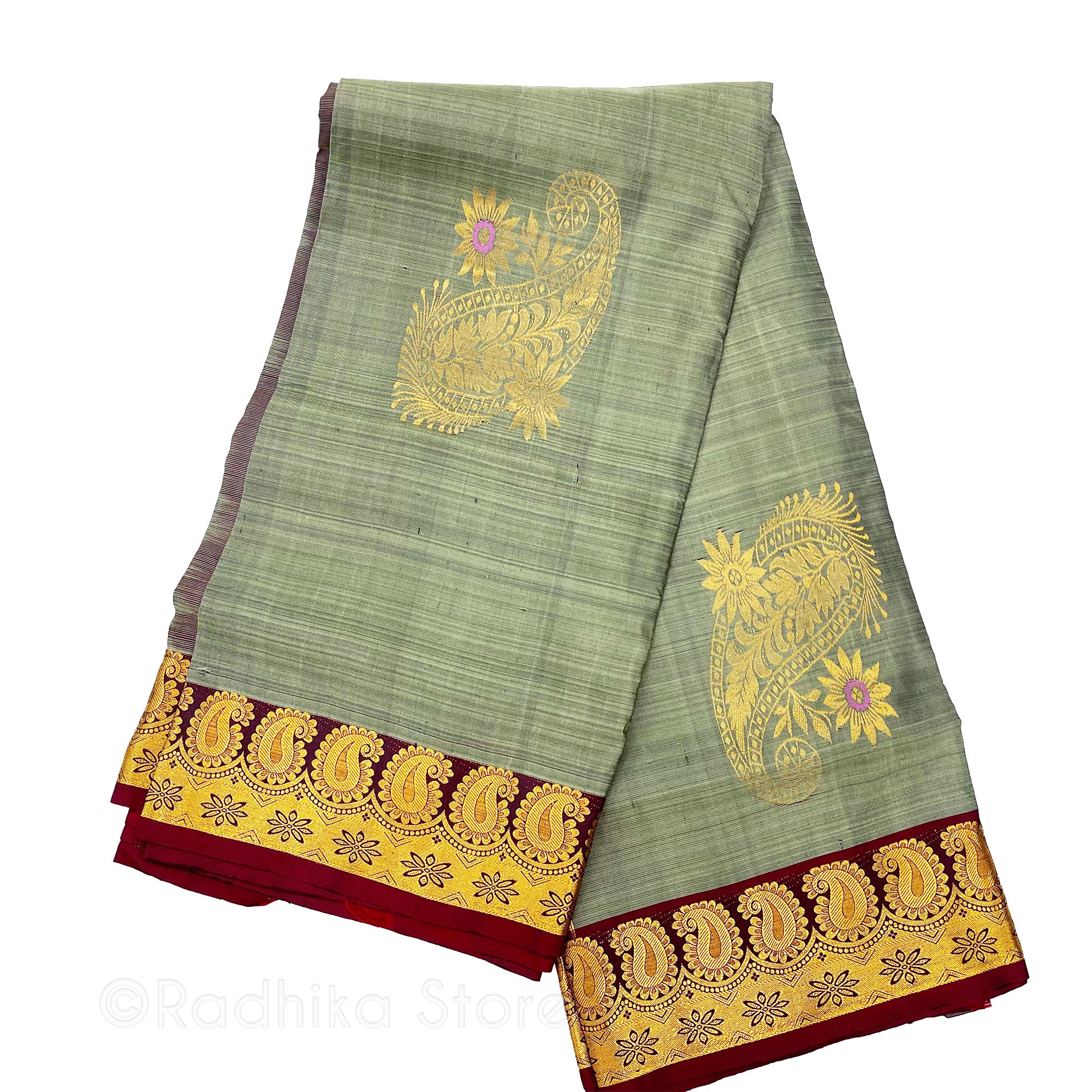 Royal Radha Kund Chandrikas -  Sea Green and Maroon - Silk Saree