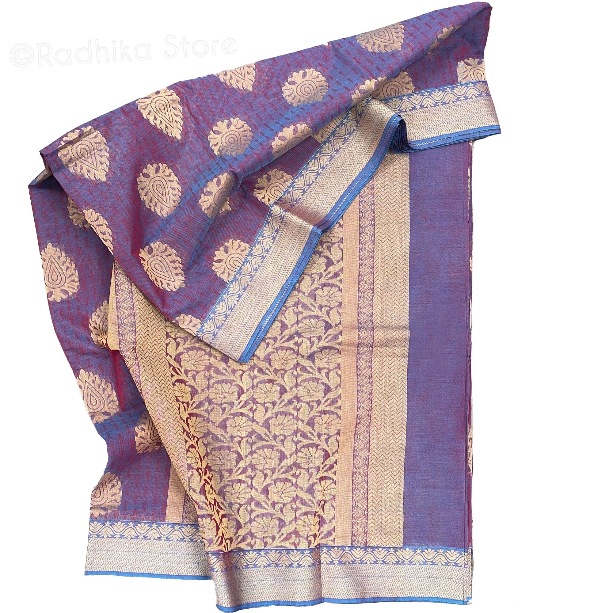 Opalescent Purple Golden Peacock Plume - Cotton Silk Saree
