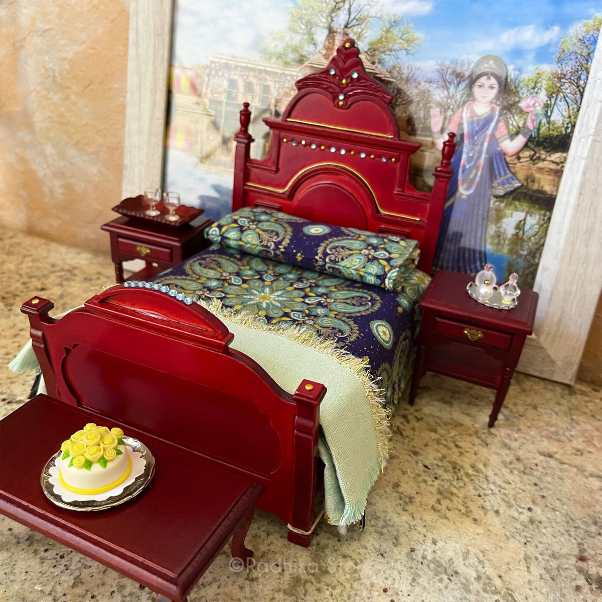 Vrindavan Palace Bed With Festival Sky Bedding- Mahogany
