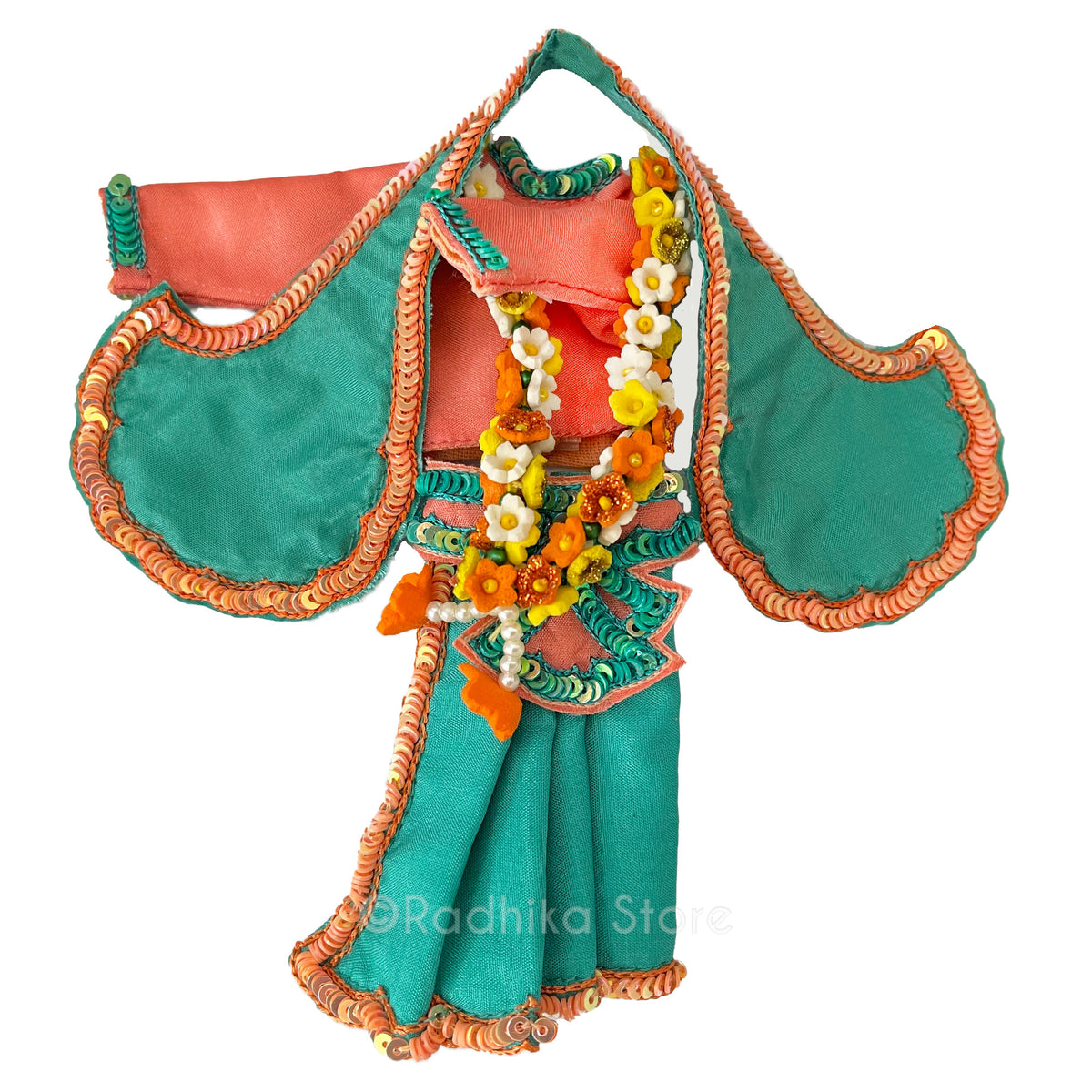 Kusam Sarovara - Peach and Teal Green - Radha Krishna Deity Outfit- With Belt