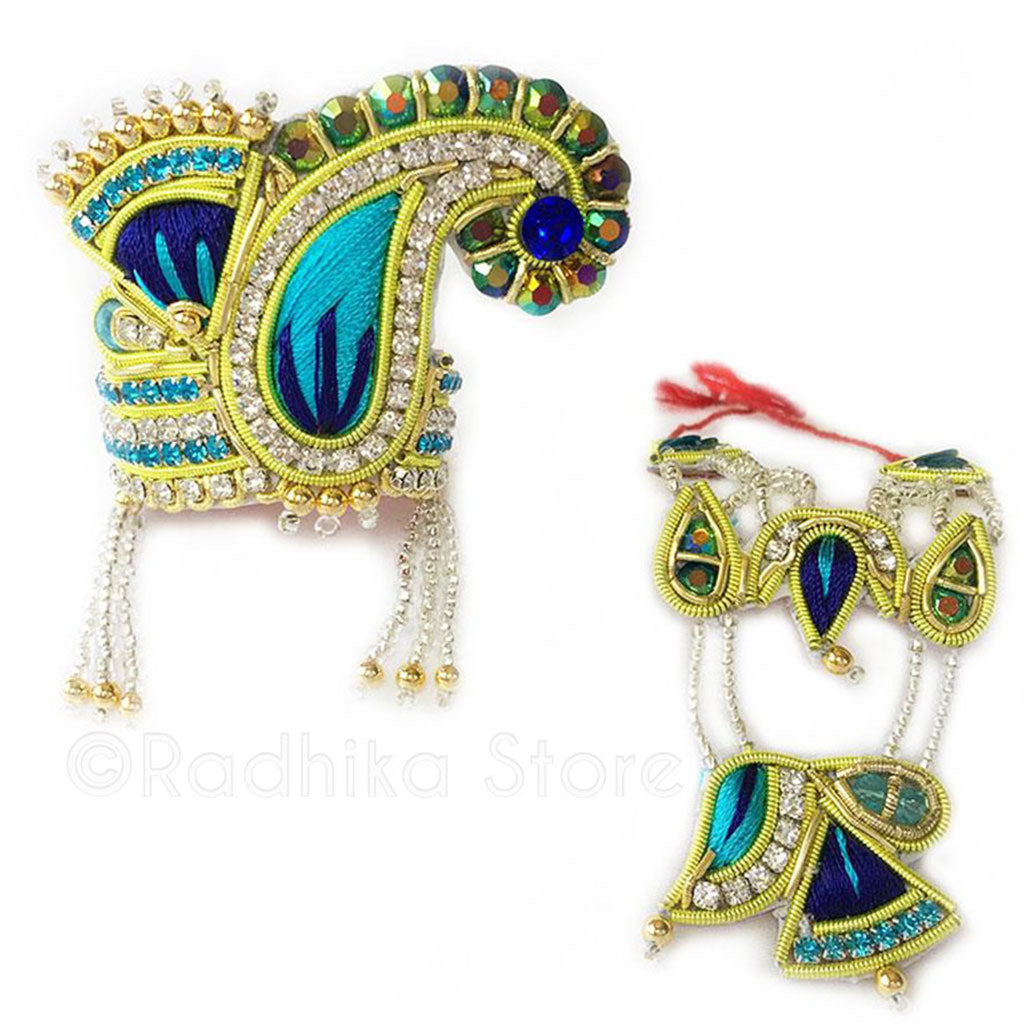 Peacock Colors Fan Chandrika - Rhinestone Crown and Necklace Set