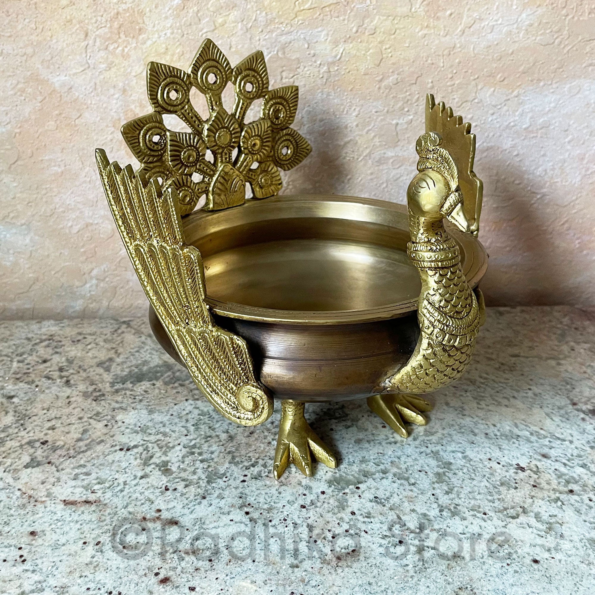 Urli - Peacock Design -  Deity Bathing Bowl With Bells- Solid Heavy Brass