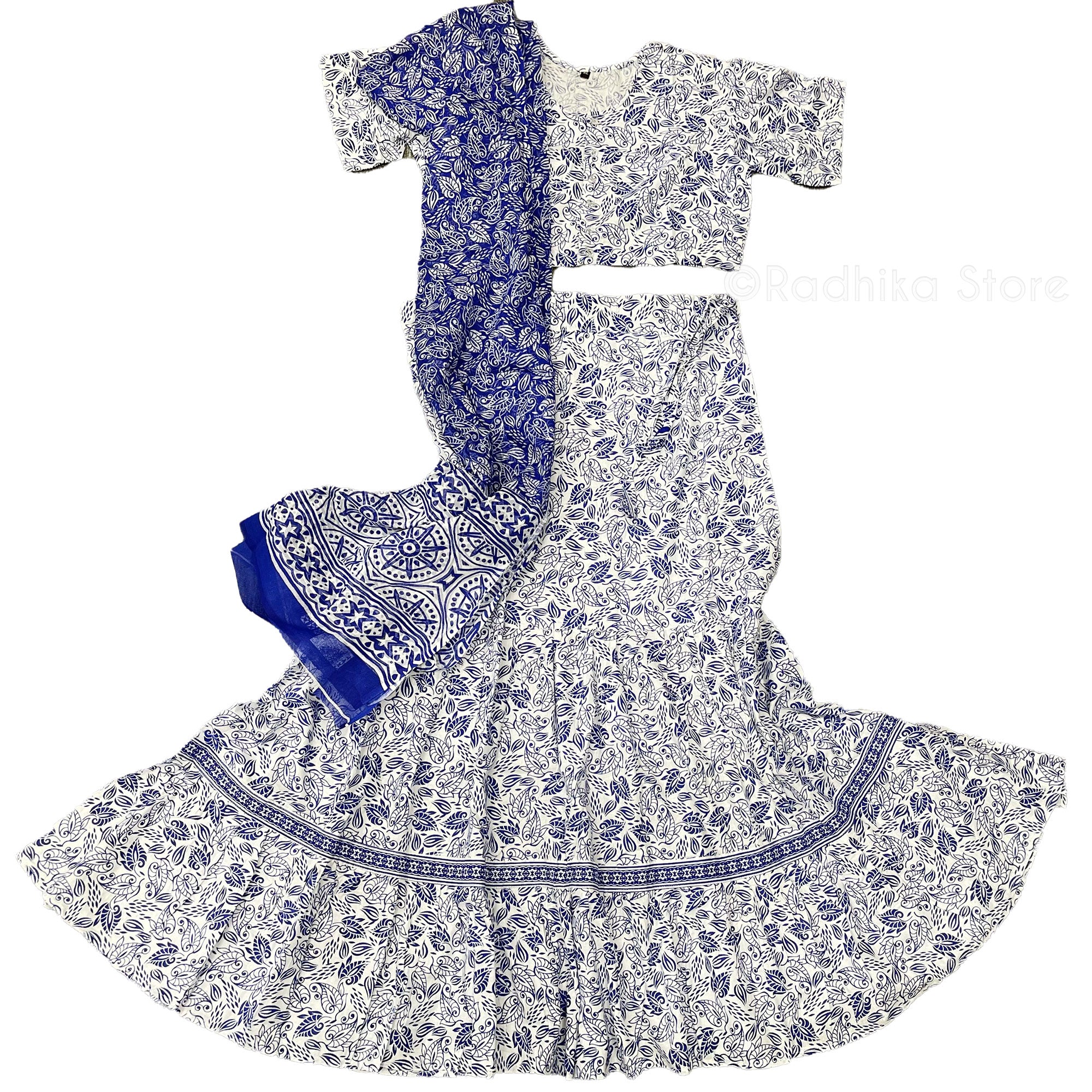 Blue Peacock Plume - White Cotton Gopi Skirt With Choli and Chadar - Size - M/L
