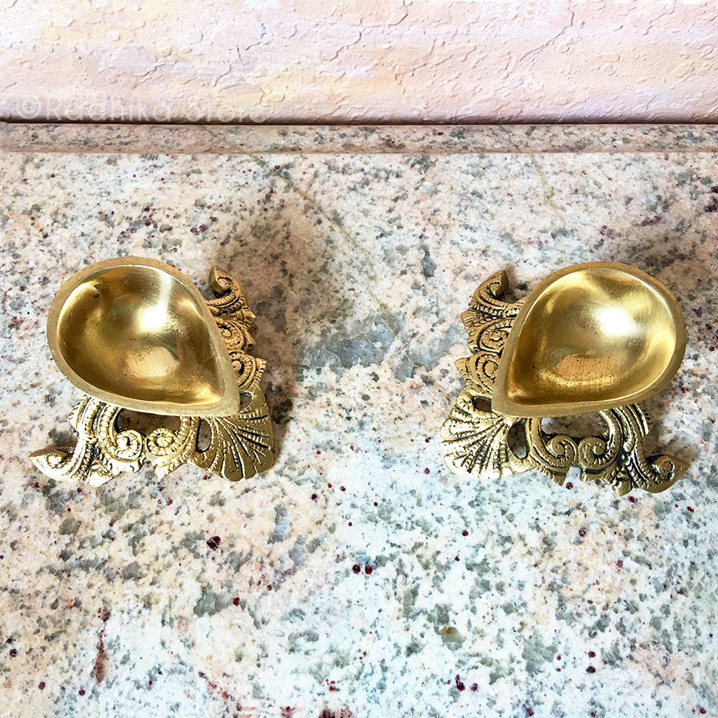 Peacocks Plumes Design - Brass Ghee Lamp Set of 2 - (Diya)