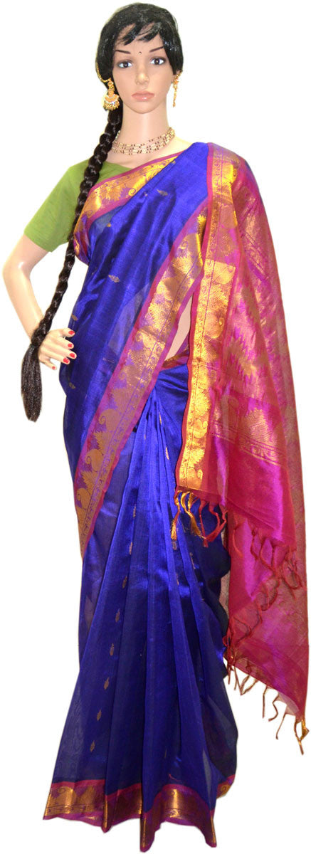 Deep Periwinkle Fuchsia Gold Chandrika - Silk Saree