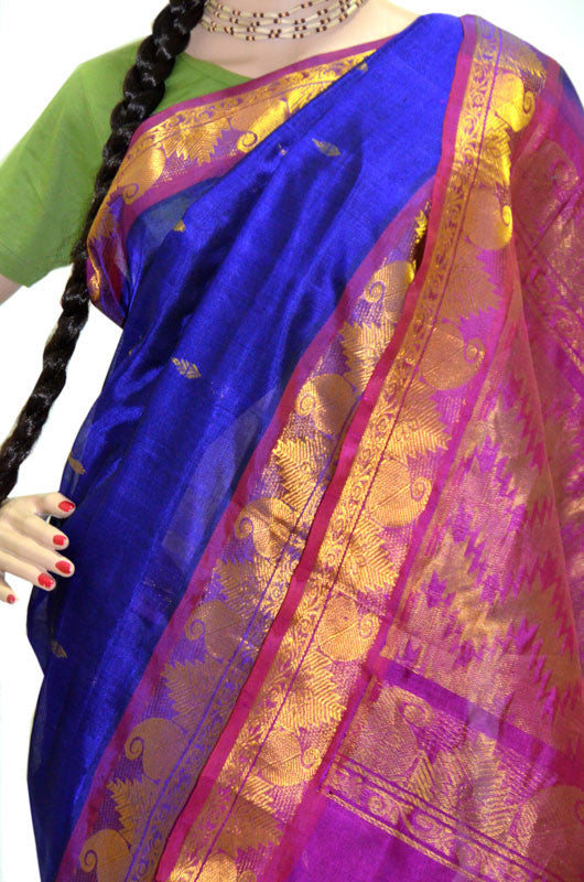 Deep Periwinkle Fuchsia Gold Chandrika - Silk Saree