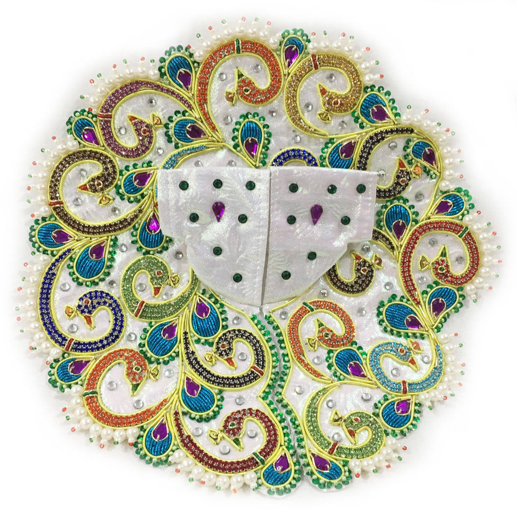 Laddu Gopal Outfit White Opalescent - Rhinestone Peacock Swirls- 4&quot; to 4.5&quot; Inch