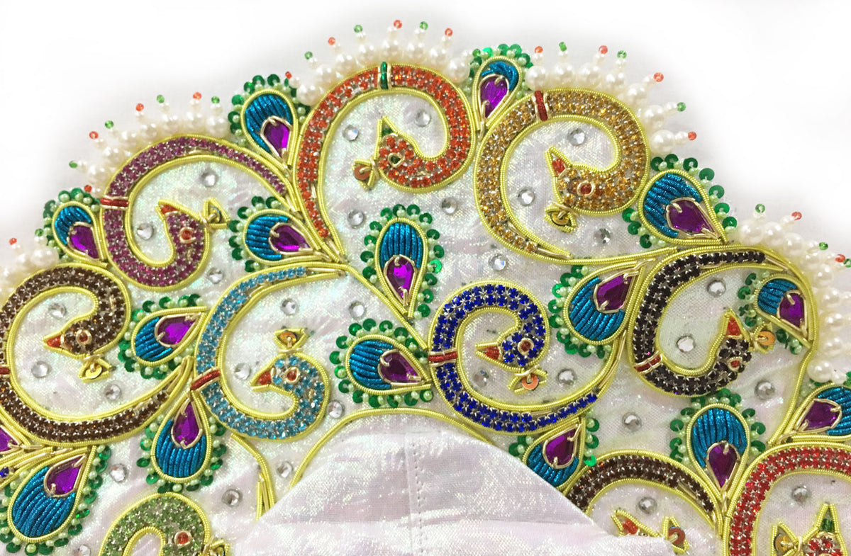 Laddu Gopal Outfit White Opalescent - Rhinestone Peacock Swirls- 4&quot; to 4.5&quot; Inch