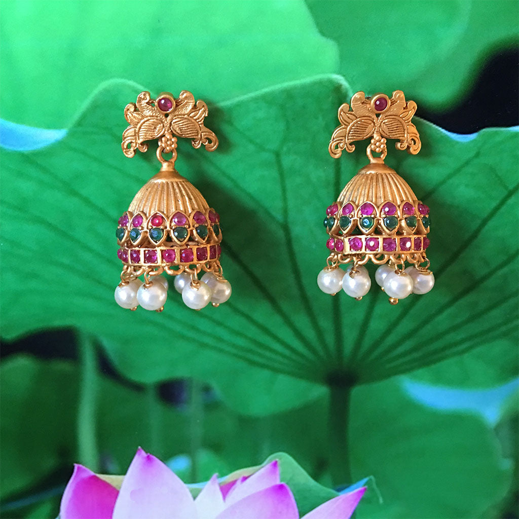 Emerald Ruby Butterfly Temple Top- Bell Earrings With Pearls
