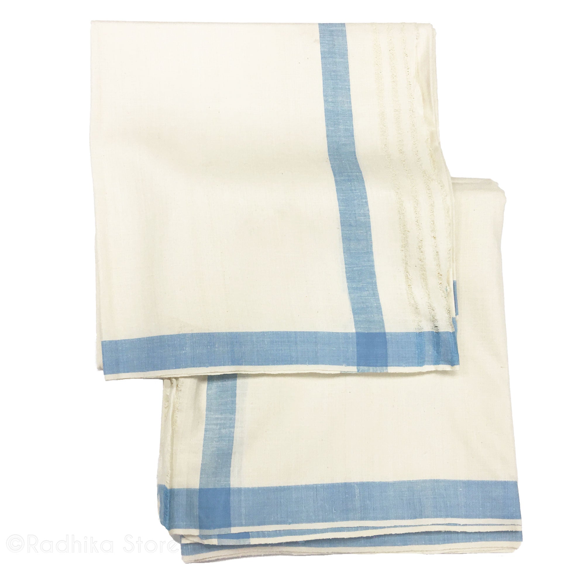 Raw Silk Dhoti and Chadar - Natural Khadi - Cream With Baby Blue Stripe