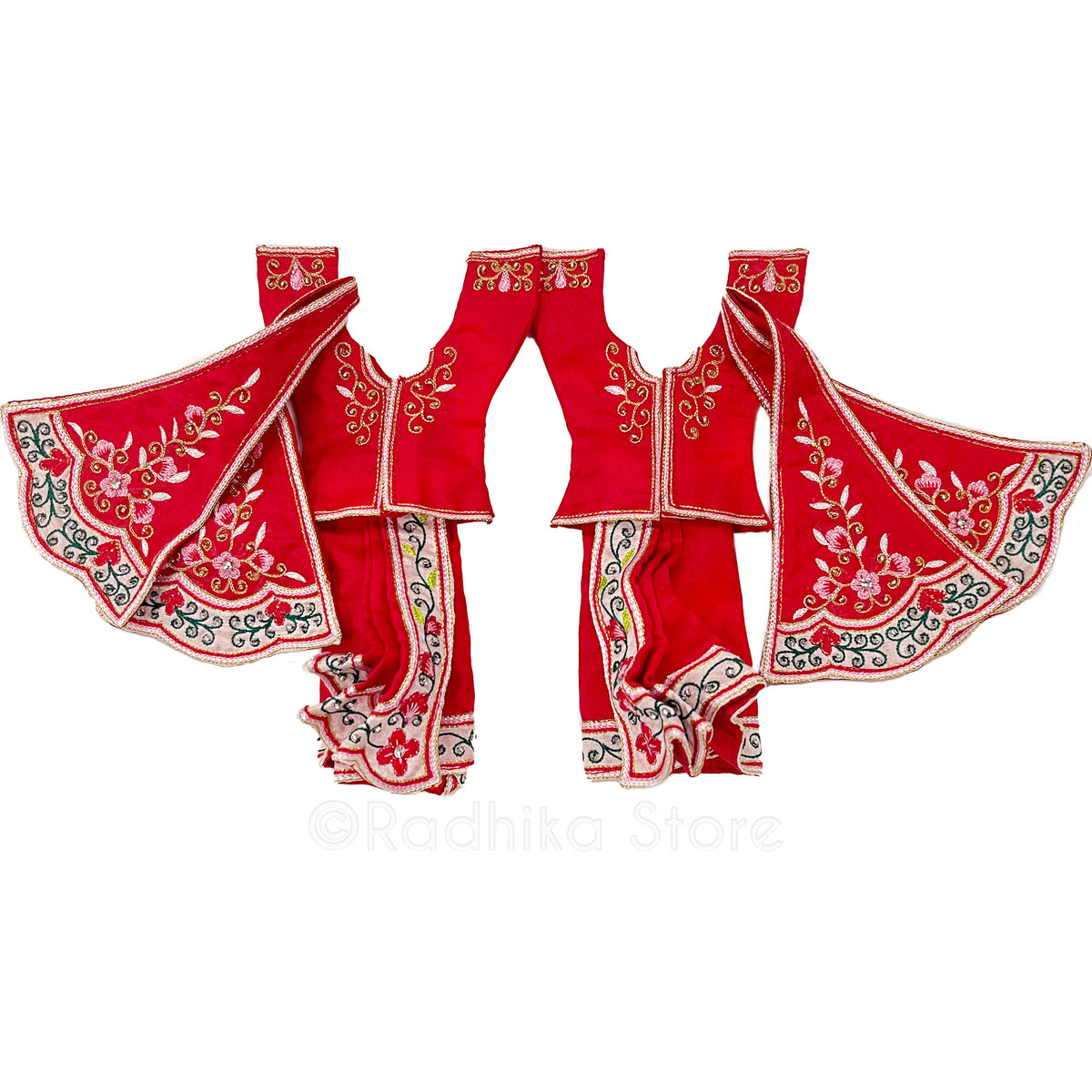 Premananda - All Silk - Red-Pink-Green and Gold - Gaura Nitai Deity Outfit