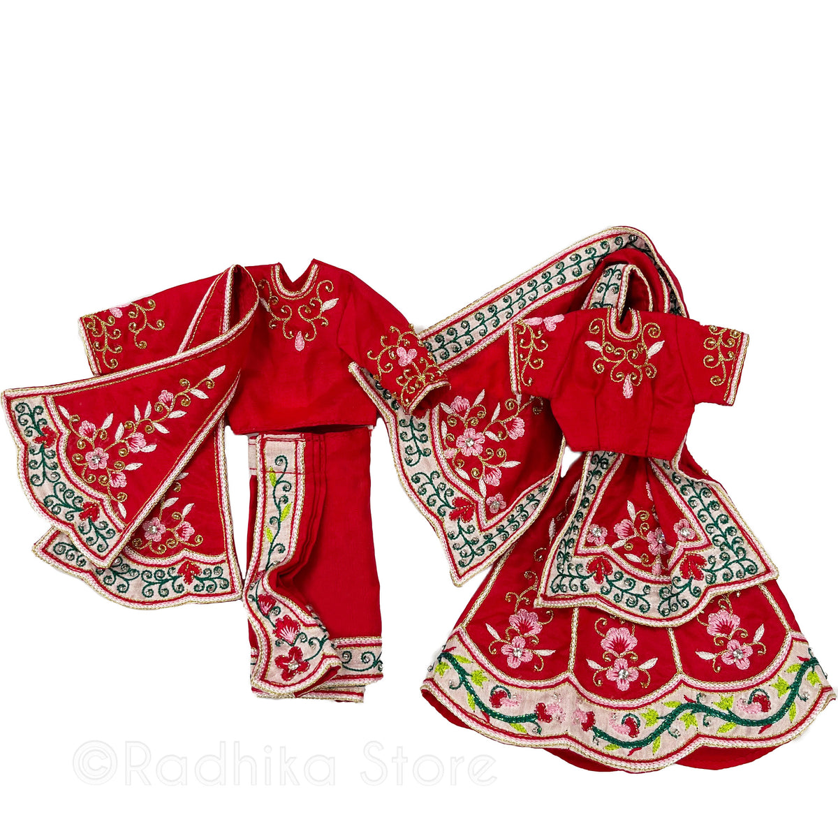 Premananda -  All Silk - Red-Pink-Greens And Gold - Radha Krishna Deity Outfit